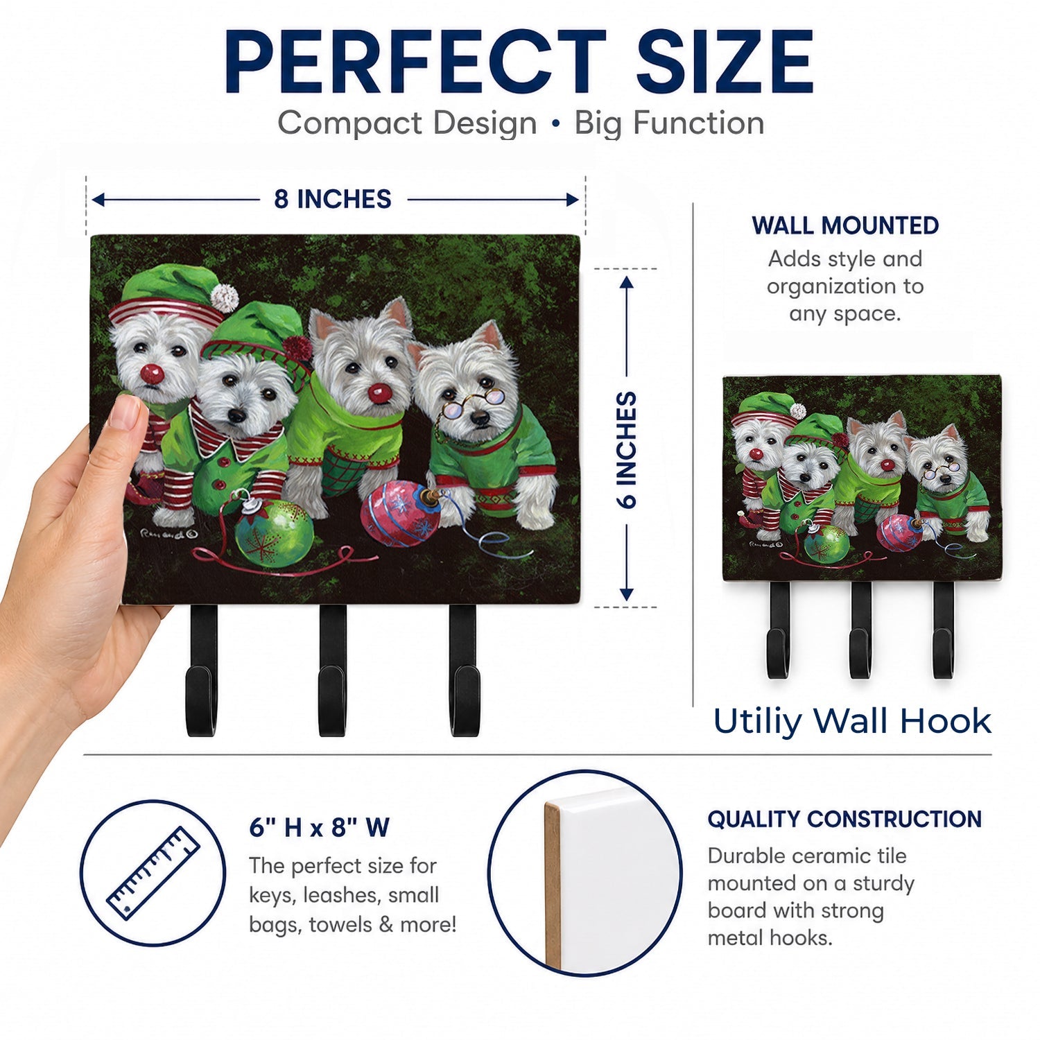 Westie Christmas Santa's Assistants Leash or Key Holder Wall Hooks, Coat Rack Wall Mount, for Hanging Keys, Towels, Aprons, Leashes