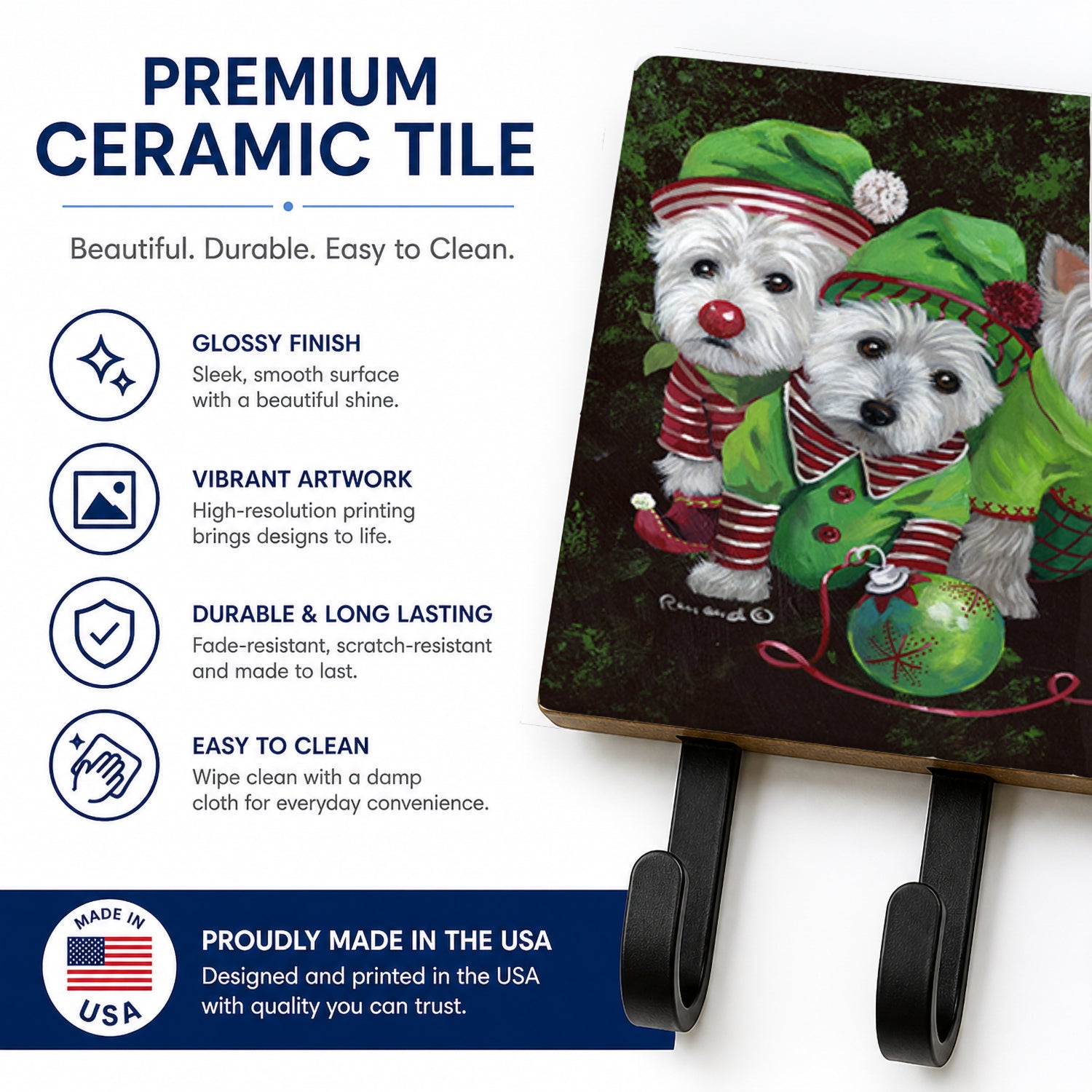 Westie Christmas Santa's Assistants Leash or Key Holder Wall Hooks, Coat Rack Wall Mount, for Hanging Keys, Towels, Aprons, Leashes