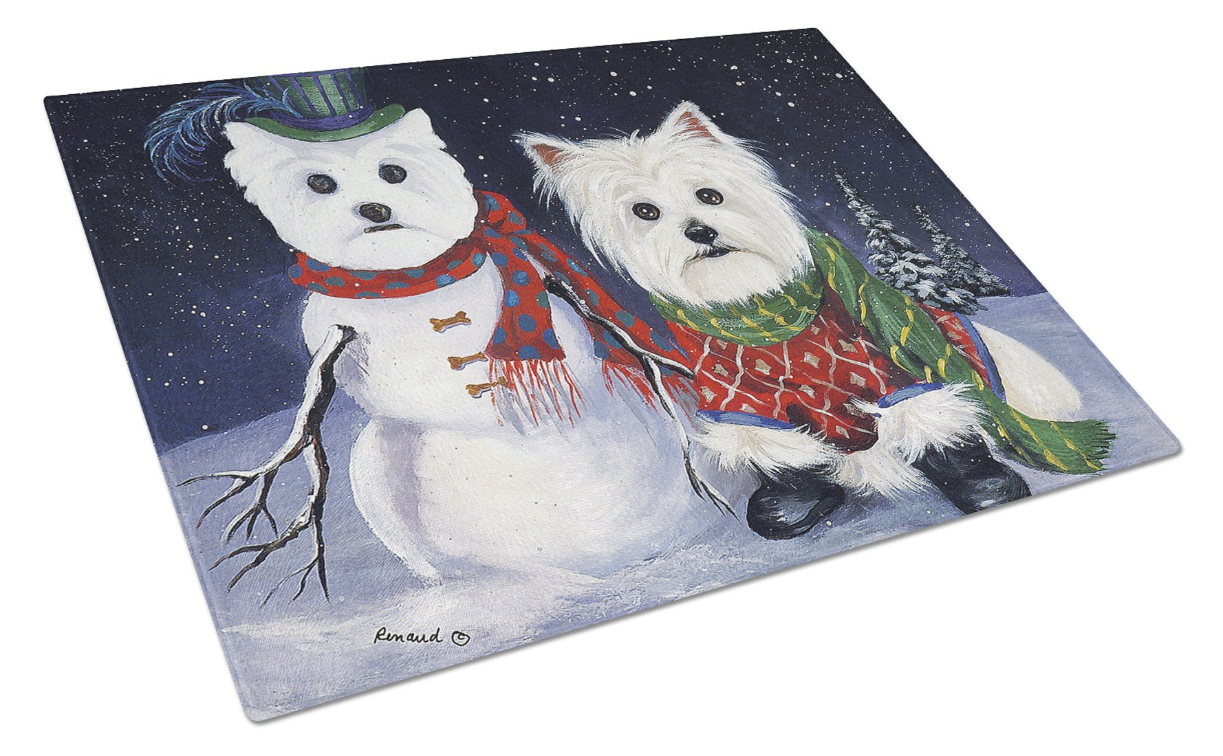 Westie Christmas Self Portrait Cutting Board Tempered Glass Kitchen Cutting Surface, Heat Resistant Chopping, Non-Slip Feet, Food Prep & Serving