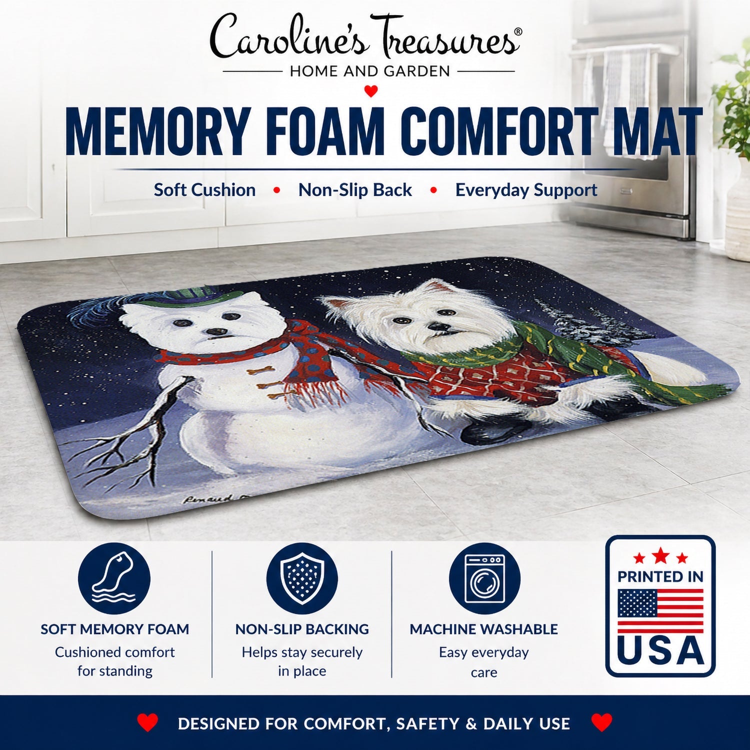 Westie Christmas Self Portrait Memory Foam Kitchen Mat Machine Washable Anti-Fatigue Cushion Comfort Bath or Kitchen Rug