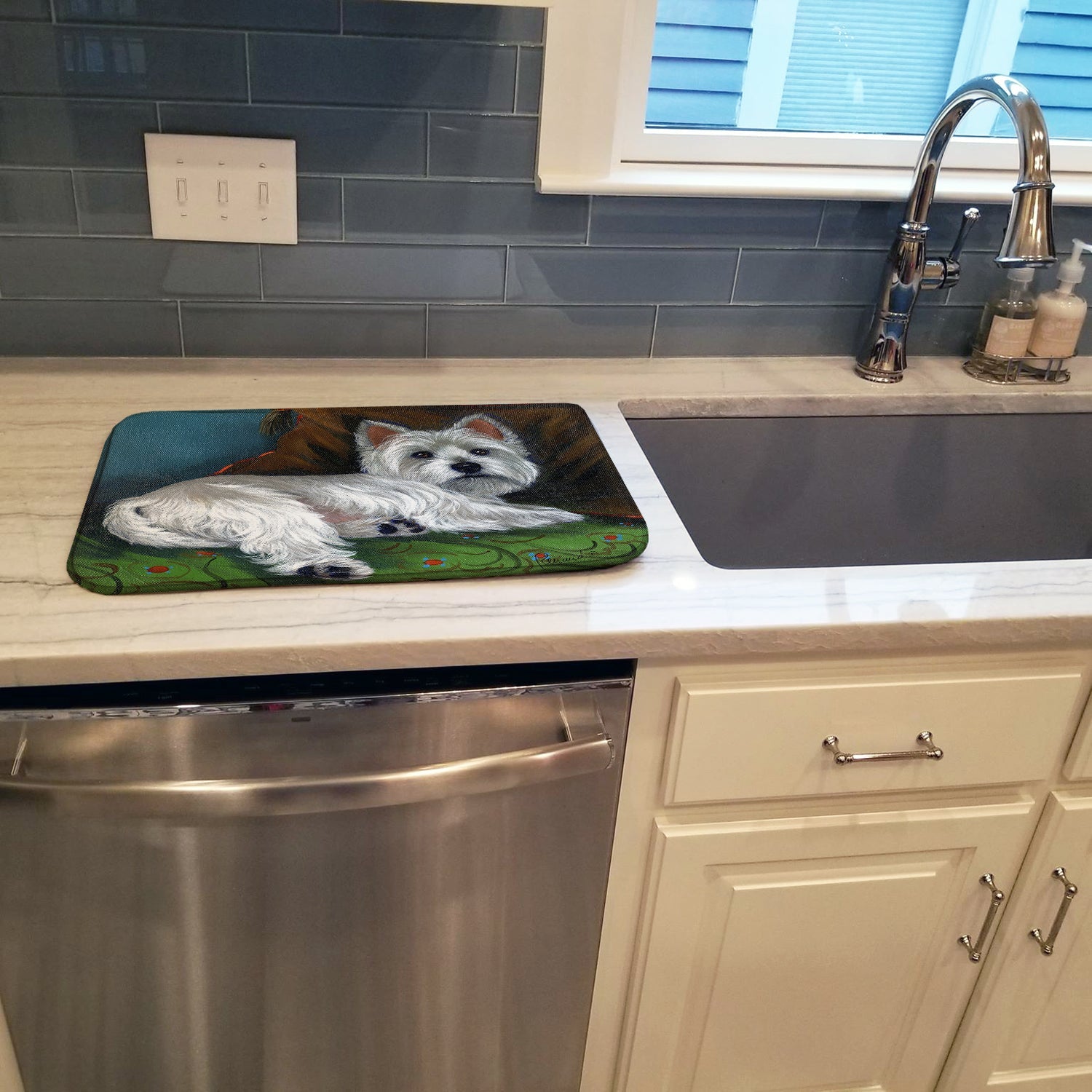 Westie Wake Up Dish Drying Mat Absorbent Dish Drying Mat Pad for Kitchen Counter Dish Drainer Mat for Countertop, 14 x 21", Multicolor