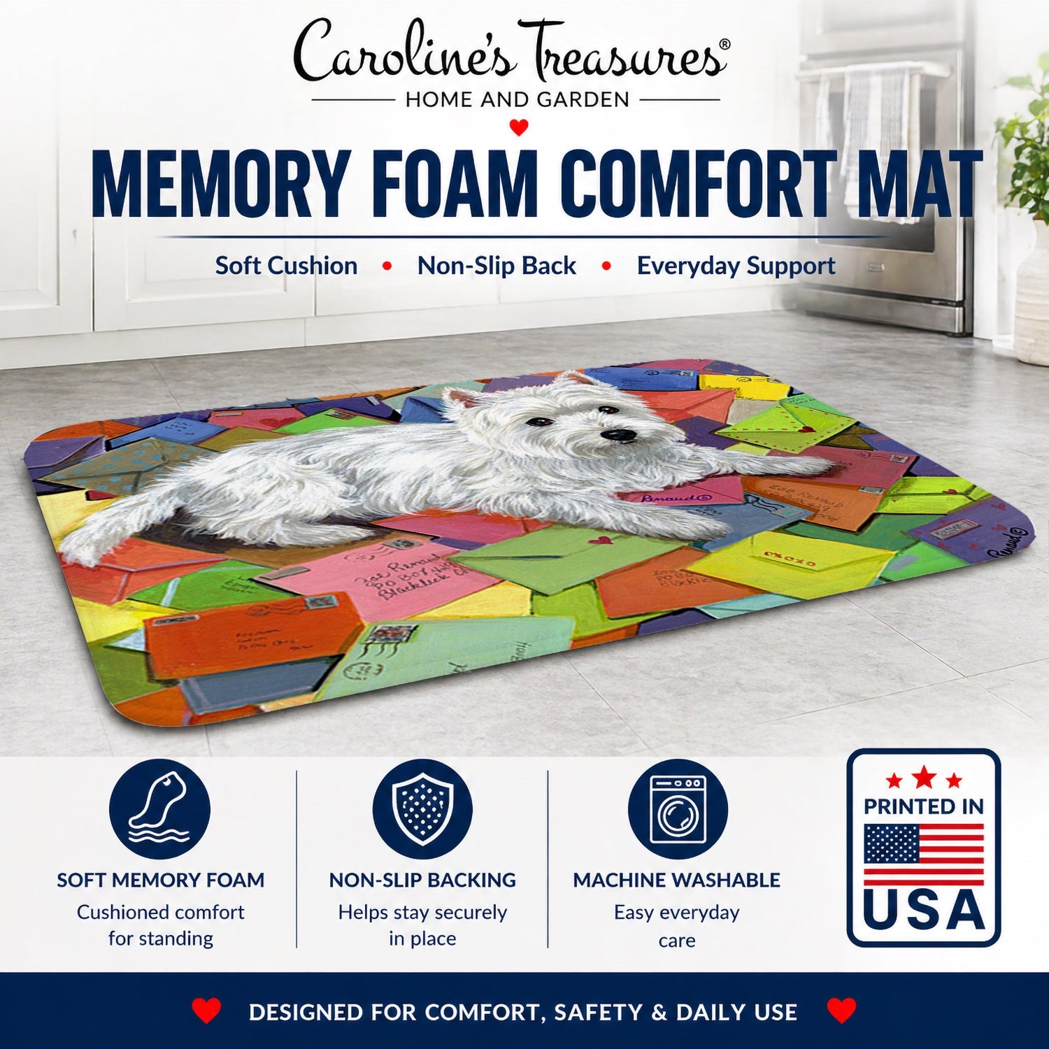 Westie Zoe's Mail Memory Foam Kitchen Mat Machine Washable Anti-Fatigue Cushion Comfort Bath or Kitchen Rug
