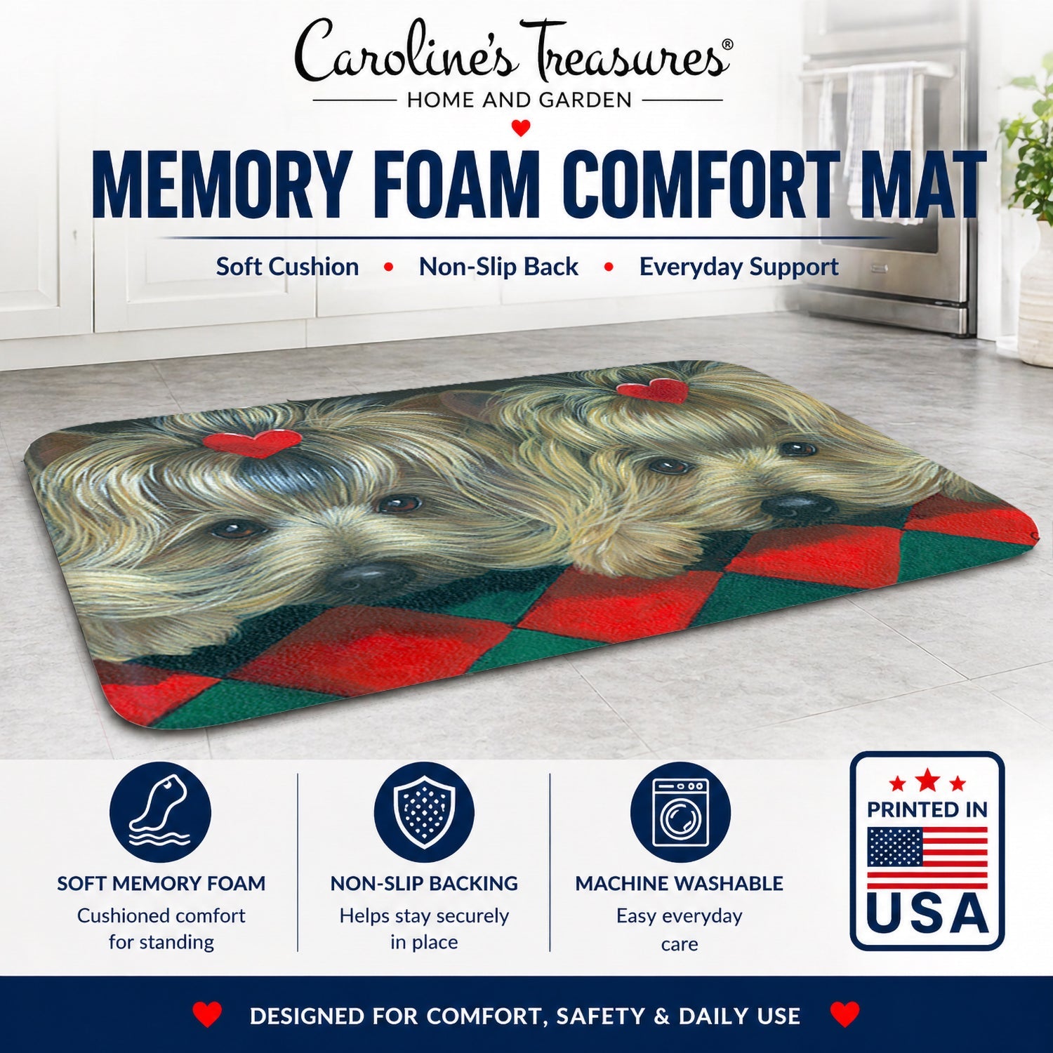 Yorkshire Terrier Yorkie 2 Hearts Memory Foam Kitchen Mat Machine Washable Anti-Fatigue Cushion Comfort Bath or Kitchen Rug