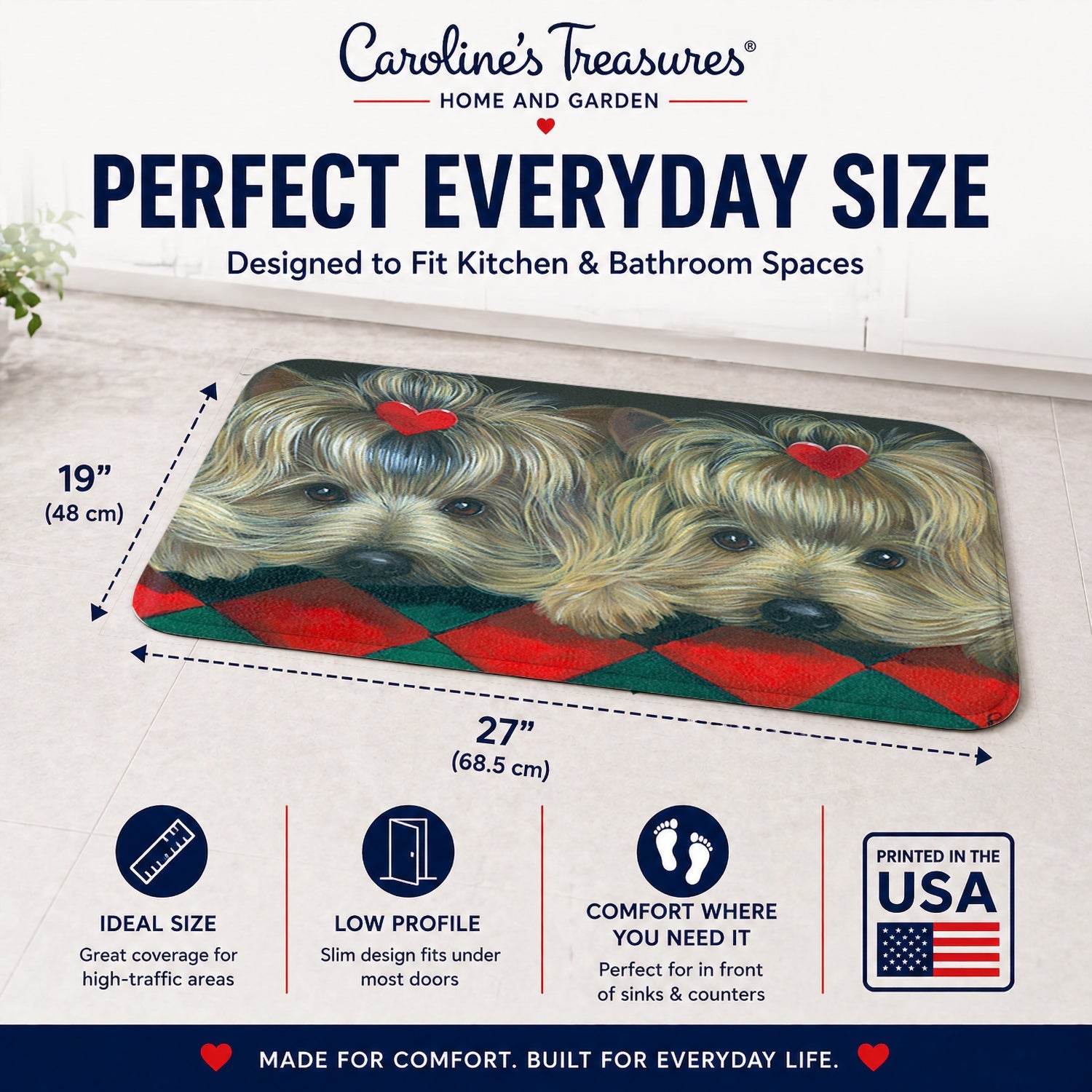 Yorkshire Terrier Yorkie 2 Hearts Memory Foam Kitchen Mat Machine Washable Anti-Fatigue Cushion Comfort Bath or Kitchen Rug