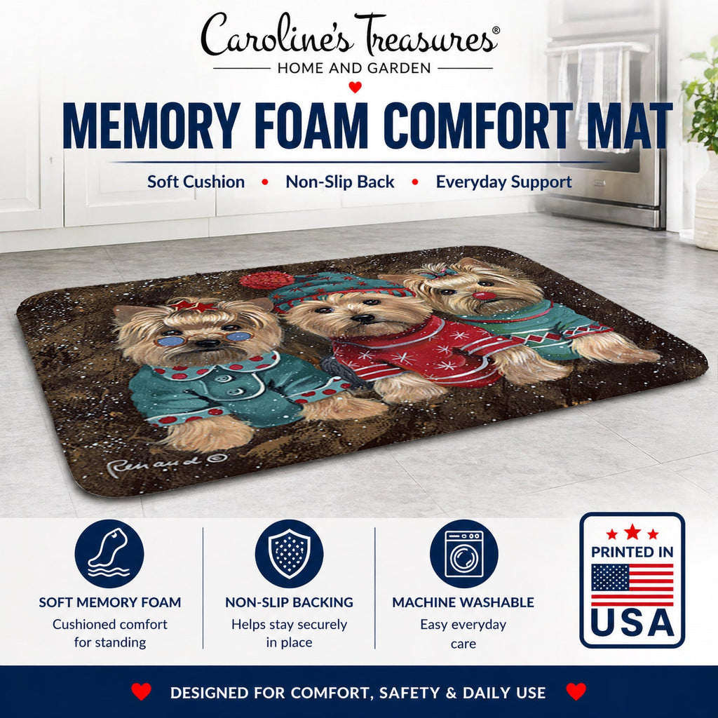 Yorkshire Terrier Yorkie Christmas Elves Memory Foam Kitchen Mat Machine Washable Anti-Fatigue Cushion Comfort Bath or Kitchen Rug