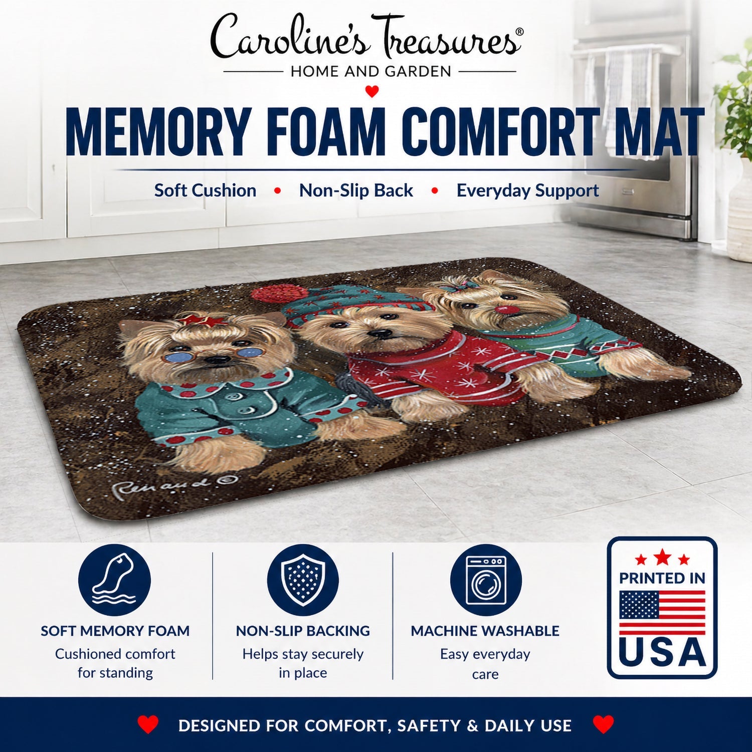 Yorkshire Terrier Yorkie Christmas Elves Memory Foam Kitchen Mat Machine Washable Anti-Fatigue Cushion Comfort Bath or Kitchen Rug