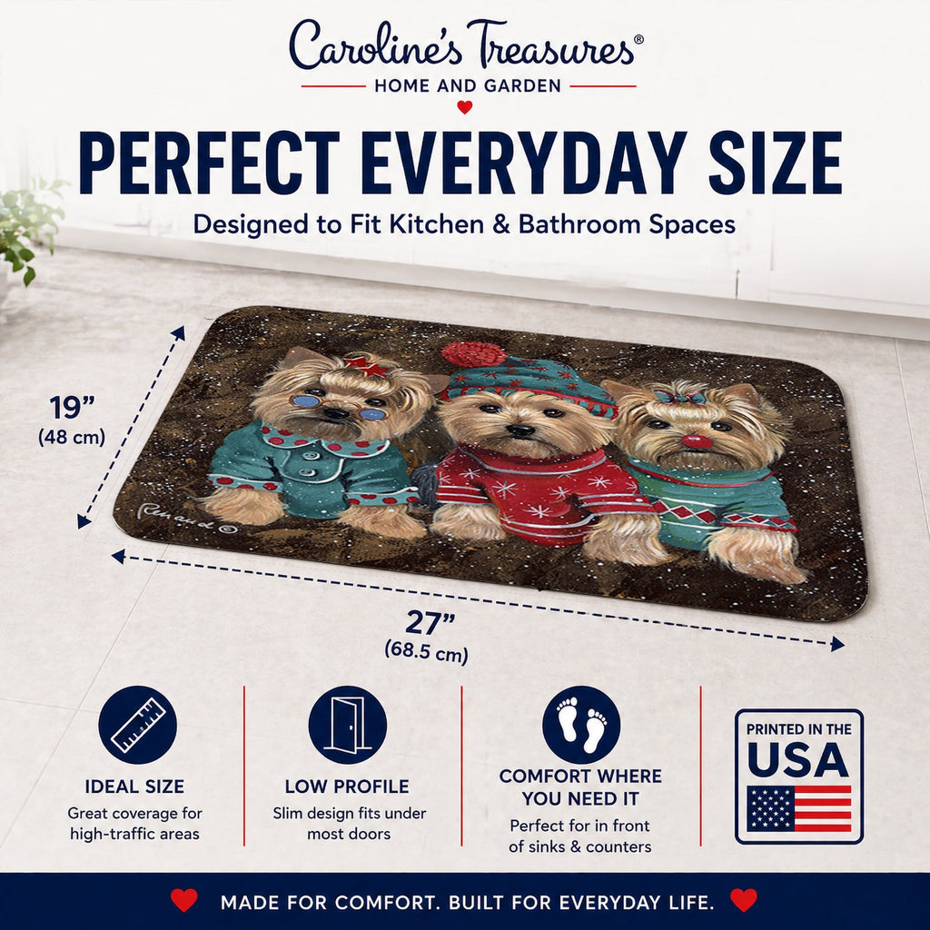 Yorkshire Terrier Yorkie Christmas Elves Memory Foam Kitchen Mat Machine Washable Anti-Fatigue Cushion Comfort Bath or Kitchen Rug