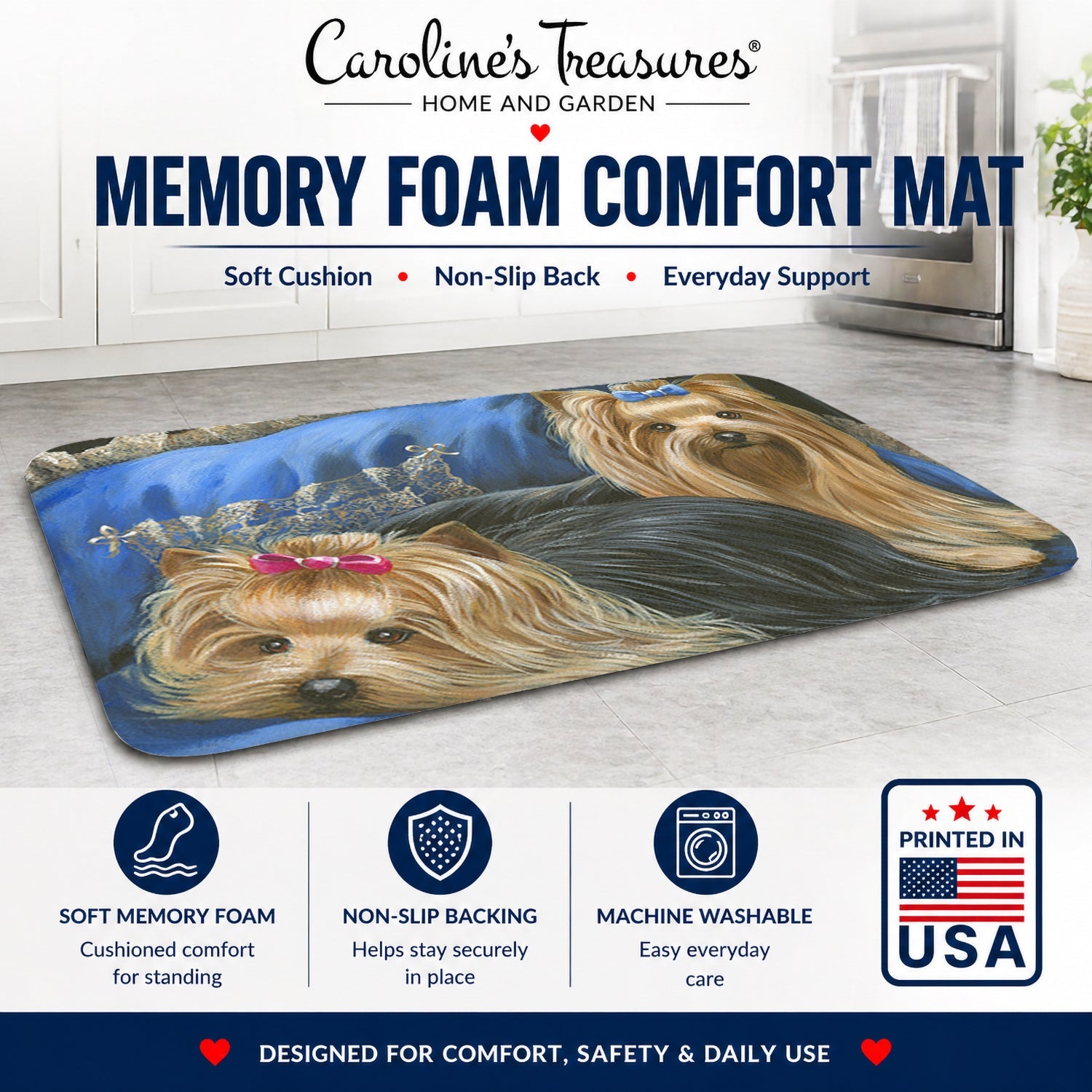 Yorkshire Terrier Yorkie Satin and Lace Memory Foam Kitchen Mat Machine Washable Anti-Fatigue Cushion Comfort Bath or Kitchen Rug