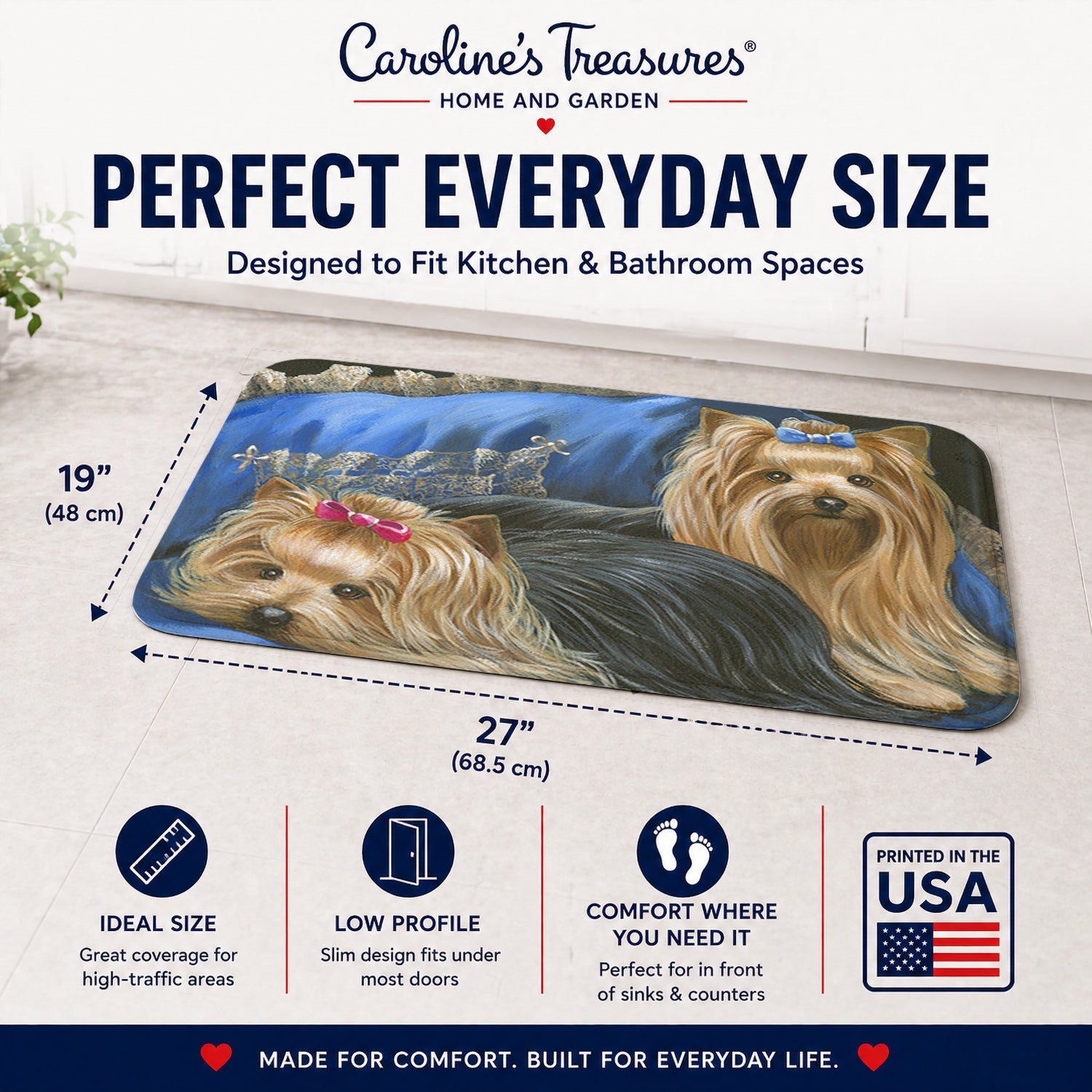 Yorkshire Terrier Yorkie Satin and Lace Memory Foam Kitchen Mat Machine Washable Anti-Fatigue Cushion Comfort Bath or Kitchen Rug
