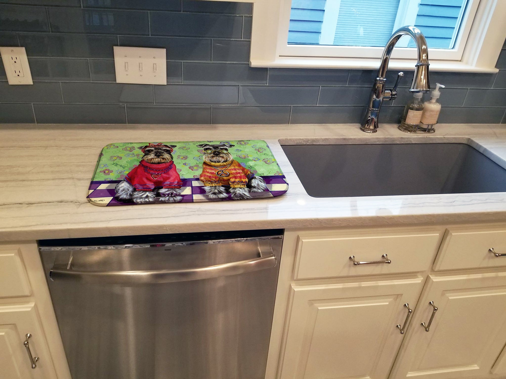 Schnauzer Love and Peace Dish Drying Mat Absorbent Dish Drying Mat Pad for Kitchen Counter Dish Drainer Mat for Countertop, 14 x 21", Multicolor