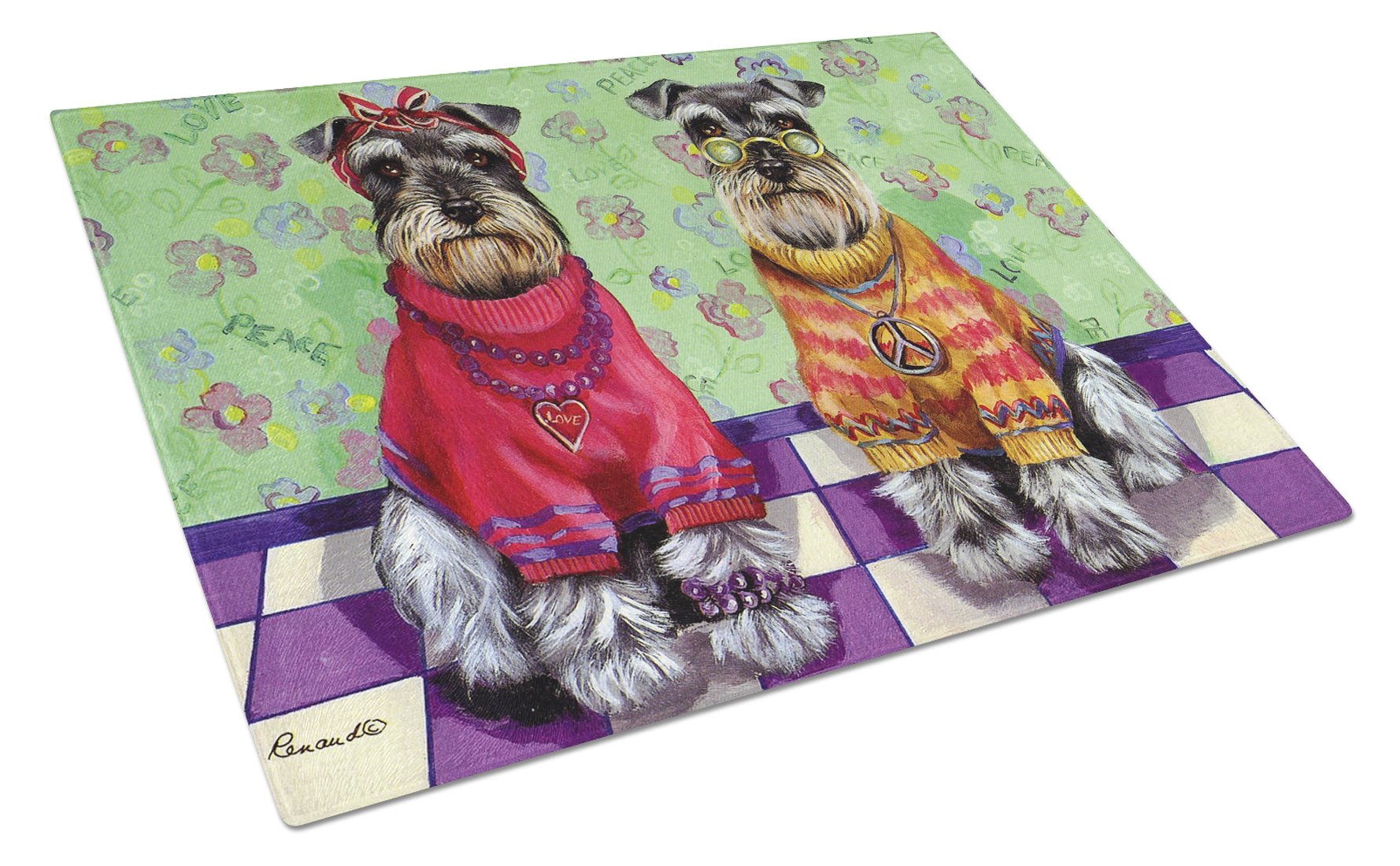 Schnauzer Love and Peace Cutting Board Tempered Glass Kitchen Cutting Surface, Heat Resistant Chopping, Non-Slip Feet, Food Prep & Serving