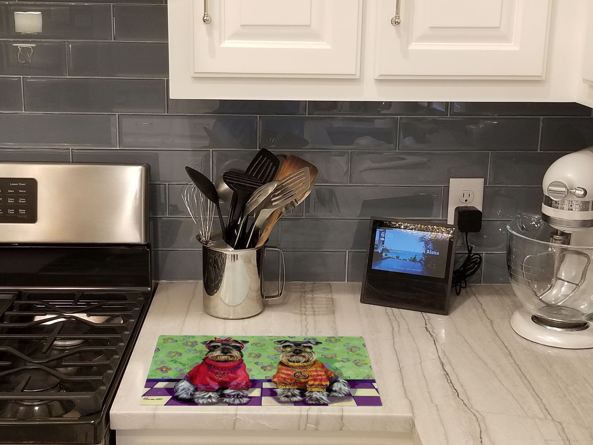 Schnauzer Love and Peace Cutting Board Tempered Glass Kitchen Cutting Surface, Heat Resistant Chopping, Non-Slip Feet, Food Prep & Serving