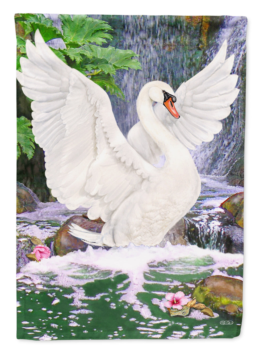 Swan Bathing at Waterfall House Flag 28x40 Porch Sleeve Pole Decorative Outside Yard Banner Artwork Wall Hanging, Polyester