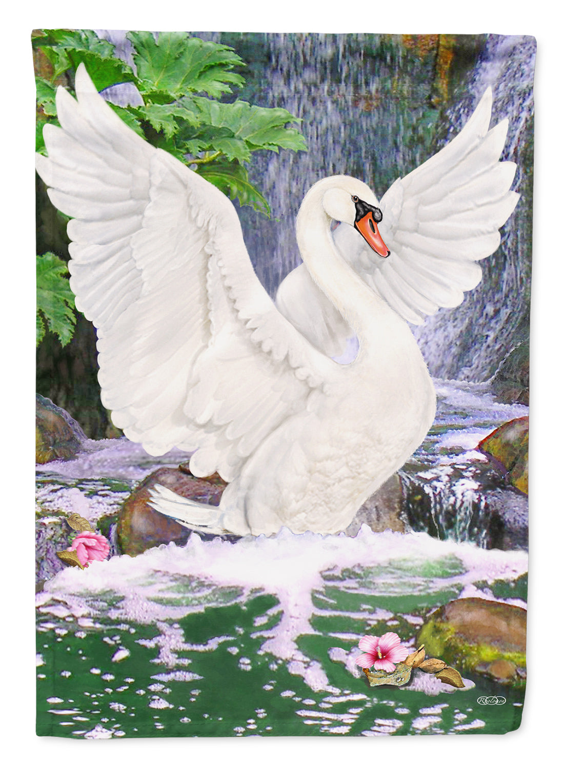 Swan Bathing at Waterfall House Flag 28x40 Porch Sleeve Pole Decorative Outside Yard Banner Artwork Wall Hanging, Polyester