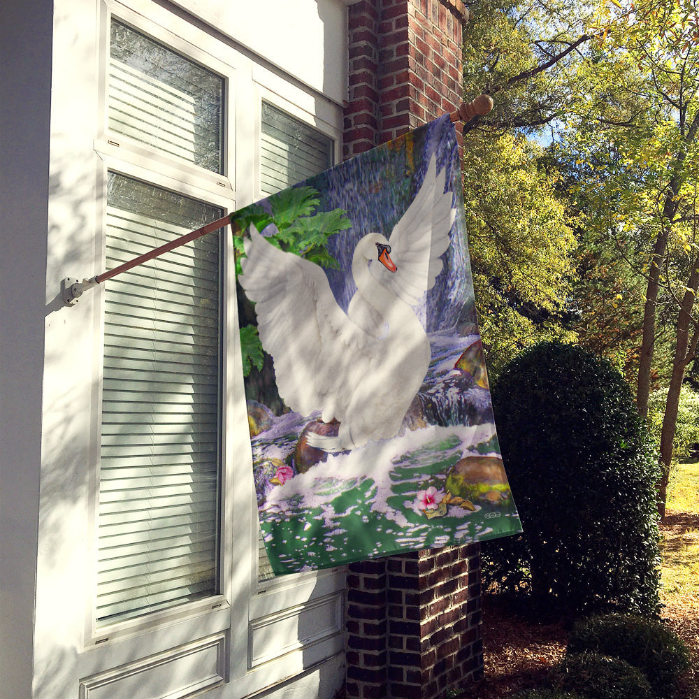 Swan Bathing at Waterfall House Flag 28x40 Porch Sleeve Pole Decorative Outside Yard Banner Artwork Wall Hanging, Polyester