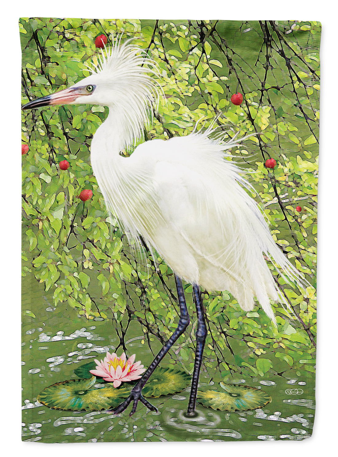 Snowy Egret Under Plum Tree House Flag 28x40 Porch Sleeve Pole Decorative Outside Yard Banner Artwork Wall Hanging, Polyester