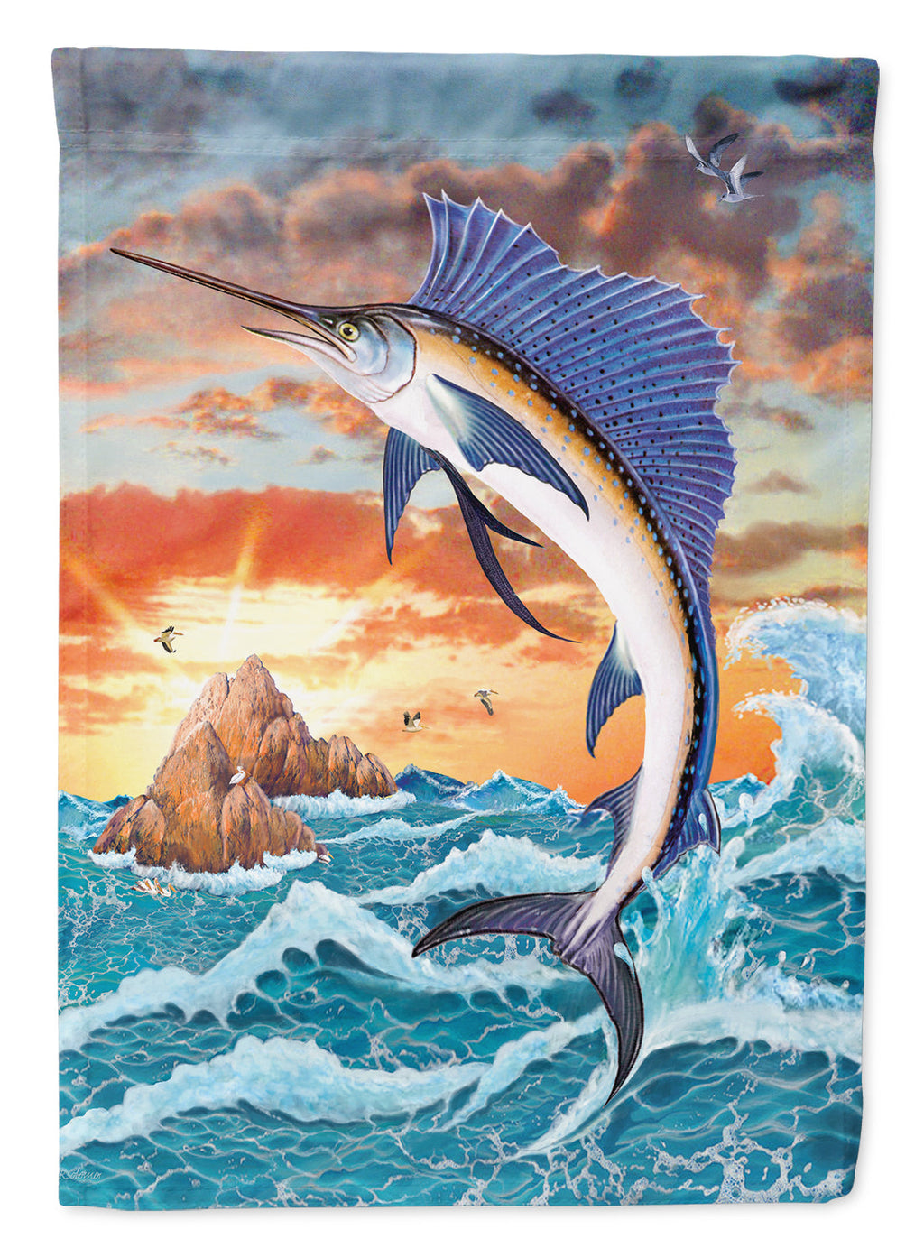Sailfish at Sunset House Flag 28x40 Porch Sleeve Pole Decorative Outside Yard Banner Artwork Wall Hanging, Polyester