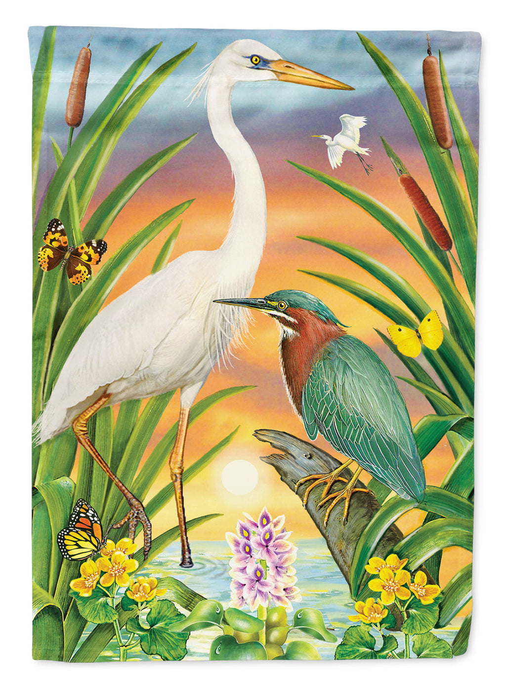 Green And White Herons House Flag 28x40 Porch Sleeve Pole Decorative Outside Yard Banner Artwork Wall Hanging, Polyester