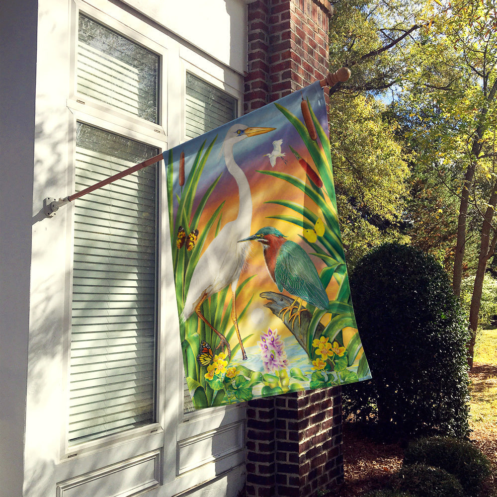 Green And White Herons House Flag 28x40 Porch Sleeve Pole Decorative Outside Yard Banner Artwork Wall Hanging, Polyester