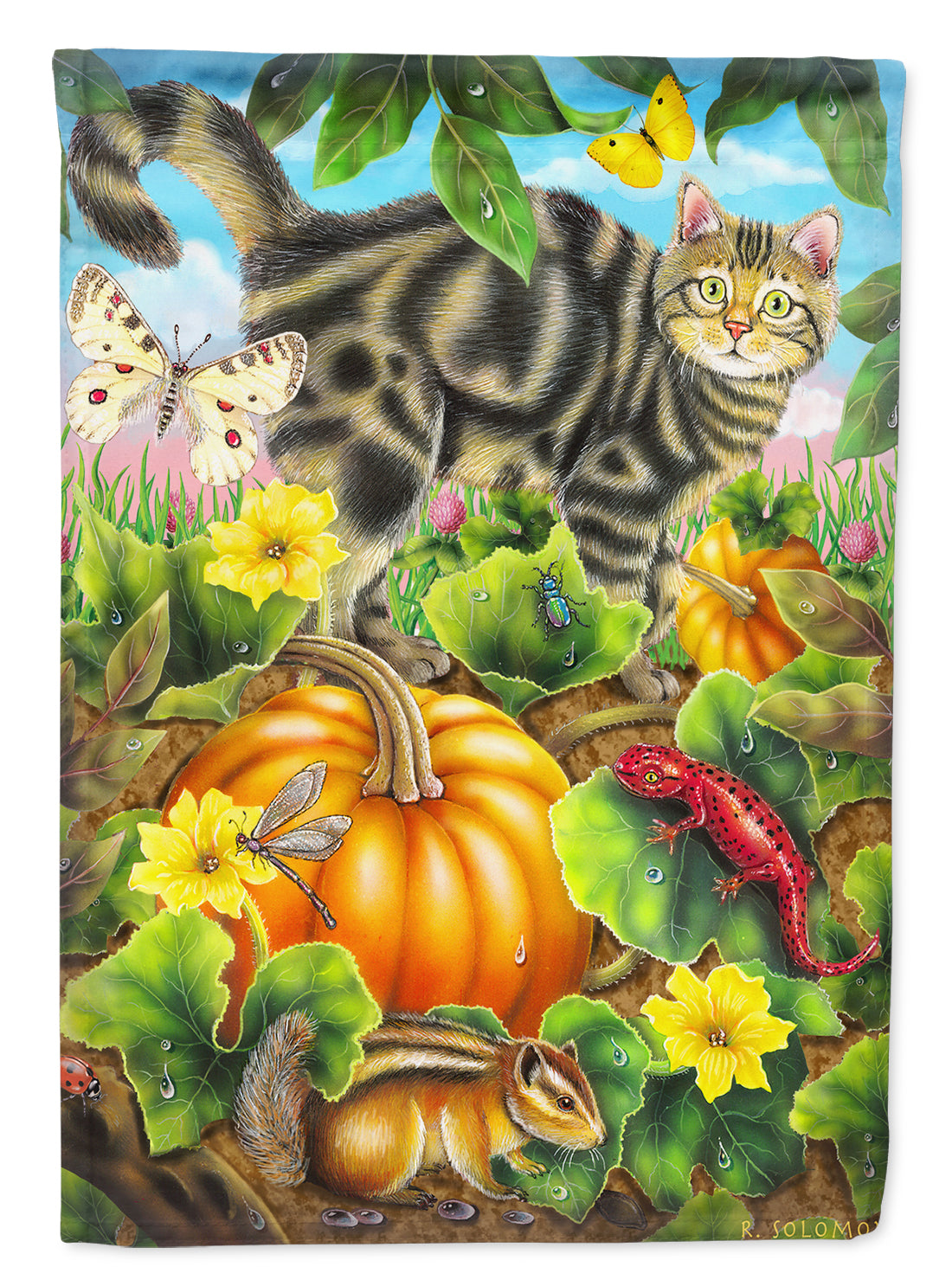 Cat Fuzzy in the Pumpkin Patch House Flag 28x40 Porch Sleeve Pole Decorative Outside Yard Banner Artwork Wall Hanging, Polyester