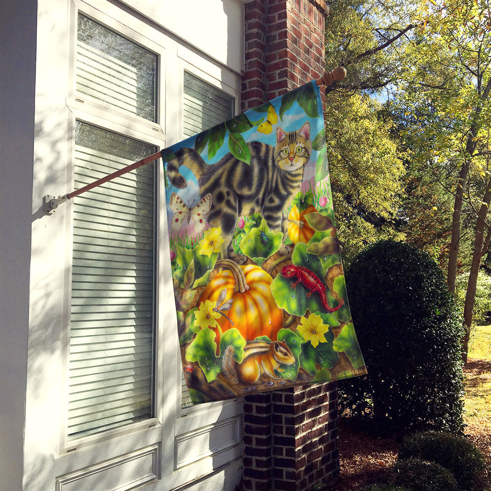 Cat Fuzzy in the Pumpkin Patch House Flag 28x40 Porch Sleeve Pole Decorative Outside Yard Banner Artwork Wall Hanging, Polyester