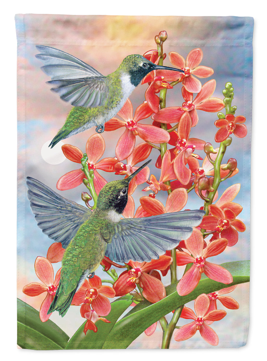Black Chinned Hummingbirds Orchids House Flag 28x40 Porch Sleeve Pole Decorative Outside Yard Banner Artwork Wall Hanging, Polyester