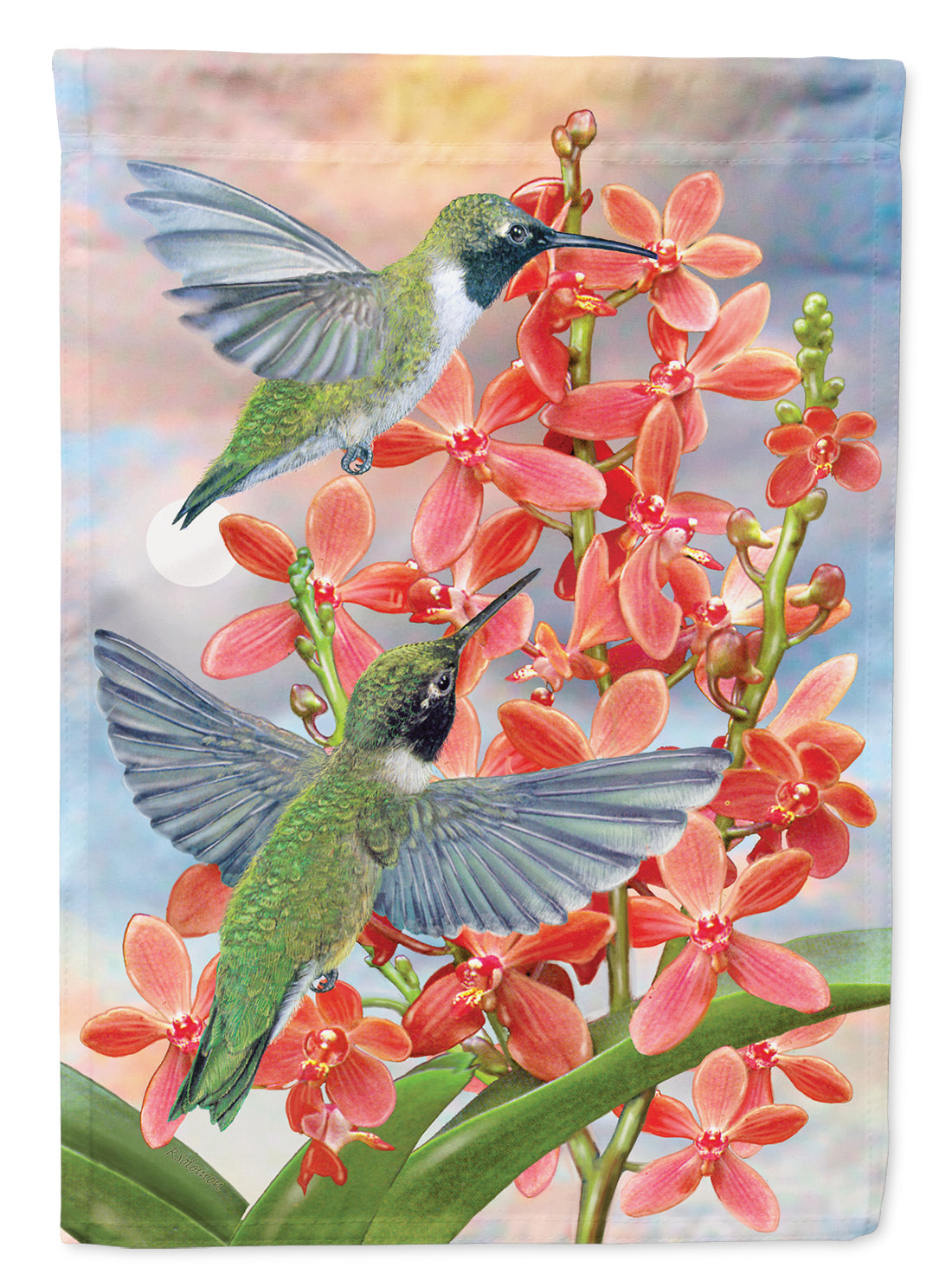 Black Chinned Hummingbirds Orchids House Flag 28x40 Porch Sleeve Pole Decorative Outside Yard Banner Artwork Wall Hanging, Polyester