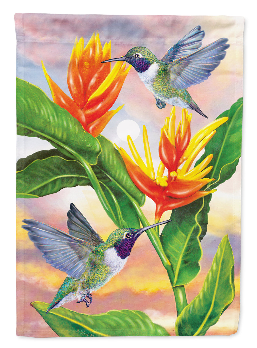 Black Chinned Hummingbirds Golden Heliconia House Flag 28x40 Porch Sleeve Pole Decorative Outside Yard Banner Artwork Wall Hanging, Polyester