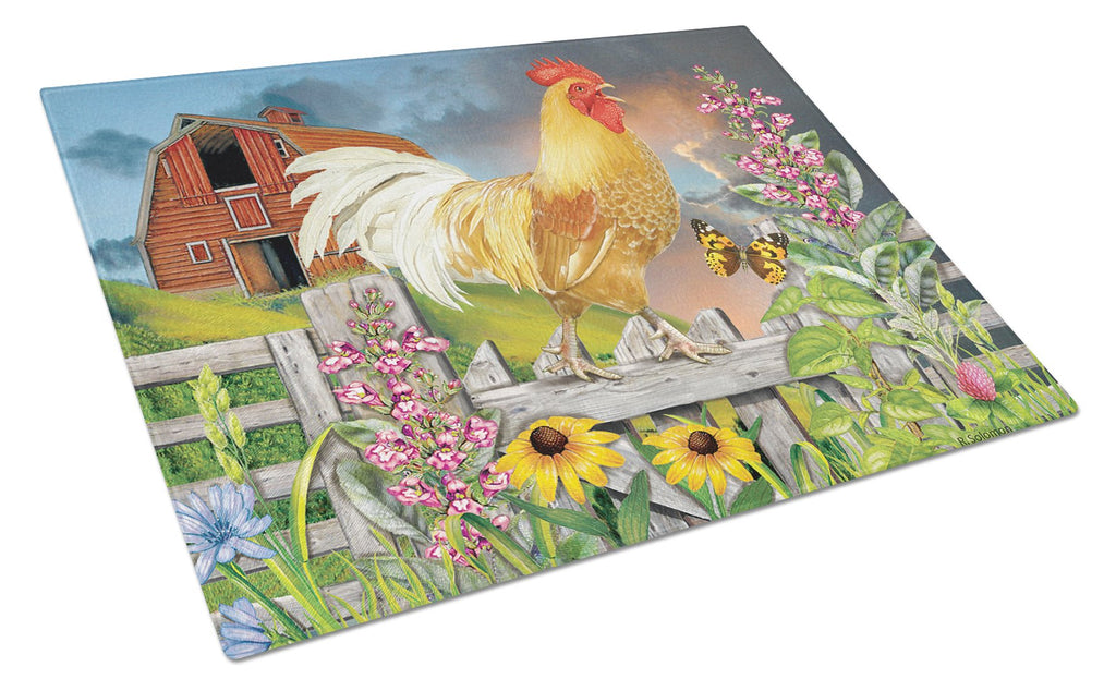 Yellow Rooster Greeting the Day Cutting Board Tempered Glass Kitchen Cutting Surface, Heat Resistant Chopping, Non-Slip Feet, Food Prep & Serving