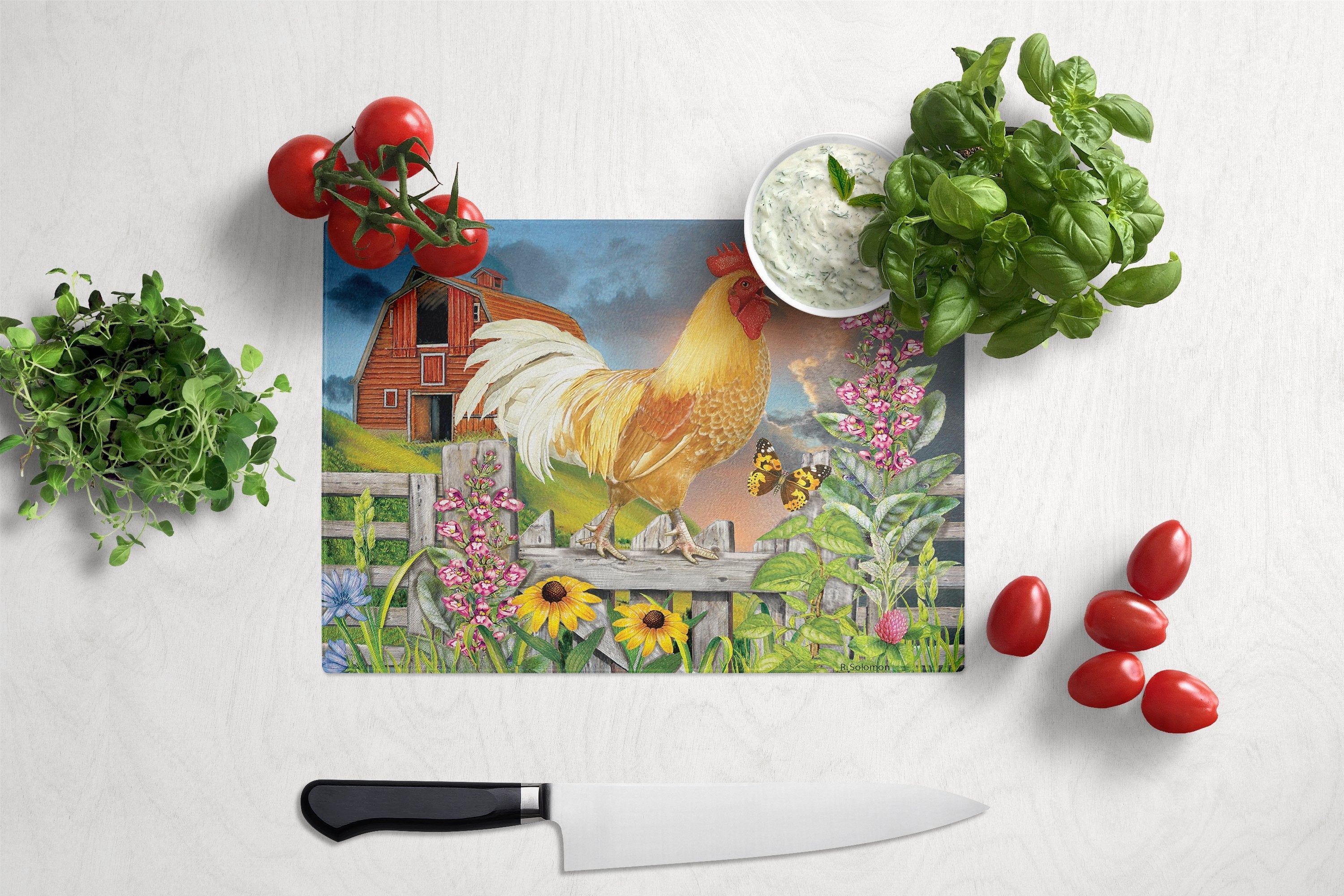 Yellow Rooster Greeting the Day Cutting Board Tempered Glass Kitchen Cutting Surface, Heat Resistant Chopping, Non-Slip Feet, Food Prep & Serving