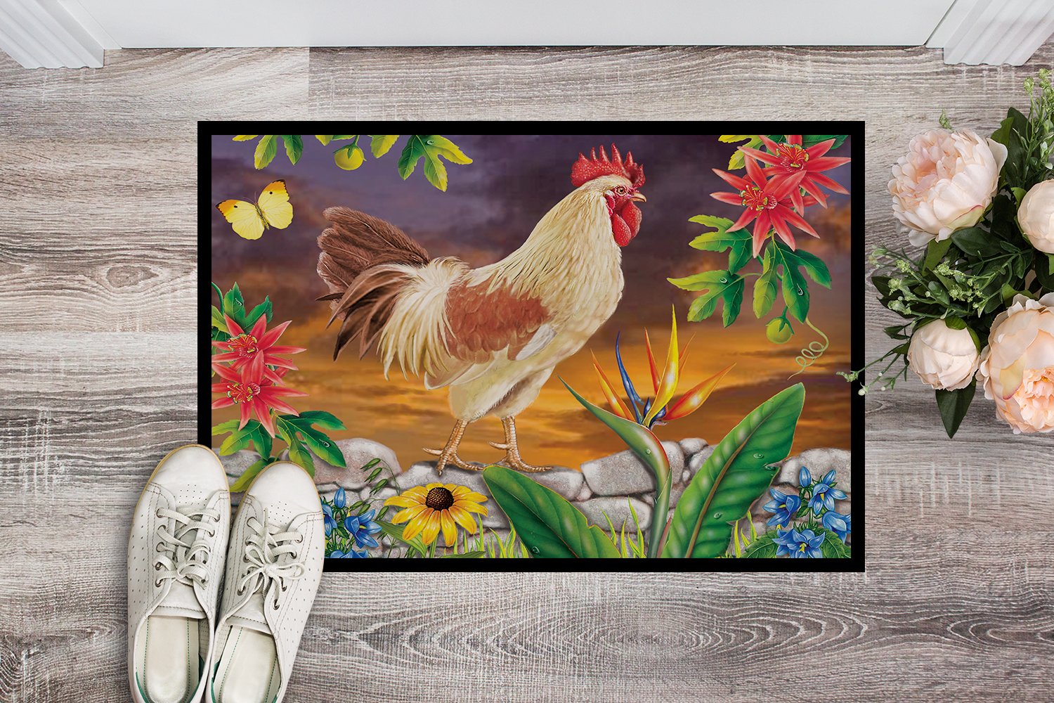 White Rooster Doormat Indoor Outdoor 24H X 36W Front Door Mat Rugs for Entryway, Non Slip Washable Low Pile,