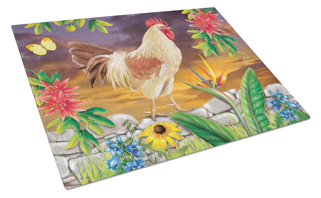 White Rooster Cutting Board Tempered Glass Kitchen Cutting Surface, Heat Resistant Chopping, Non-Slip Feet, Food Prep & Serving