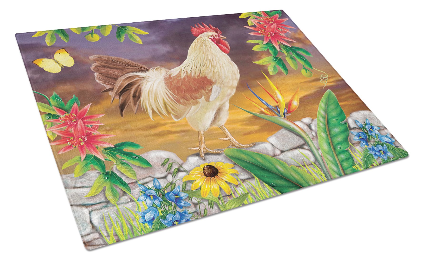 White Rooster Cutting Board Tempered Glass Kitchen Cutting Surface, Heat Resistant Chopping, Non-Slip Feet, Food Prep & Serving