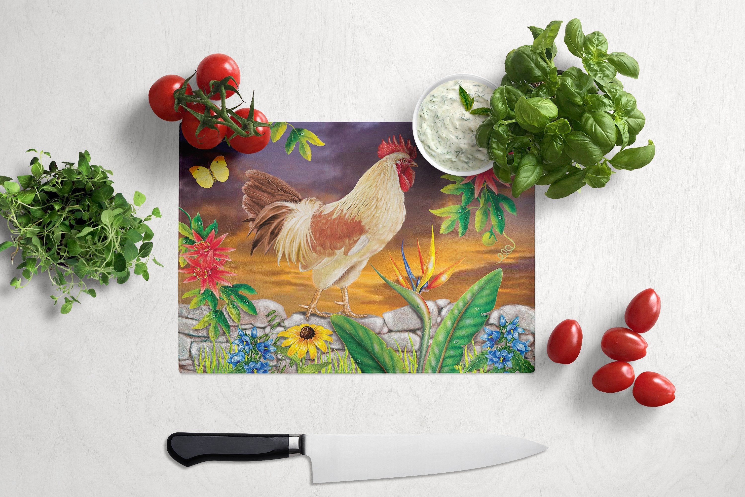 White Rooster Cutting Board Tempered Glass Kitchen Cutting Surface, Heat Resistant Chopping, Non-Slip Feet, Food Prep & Serving