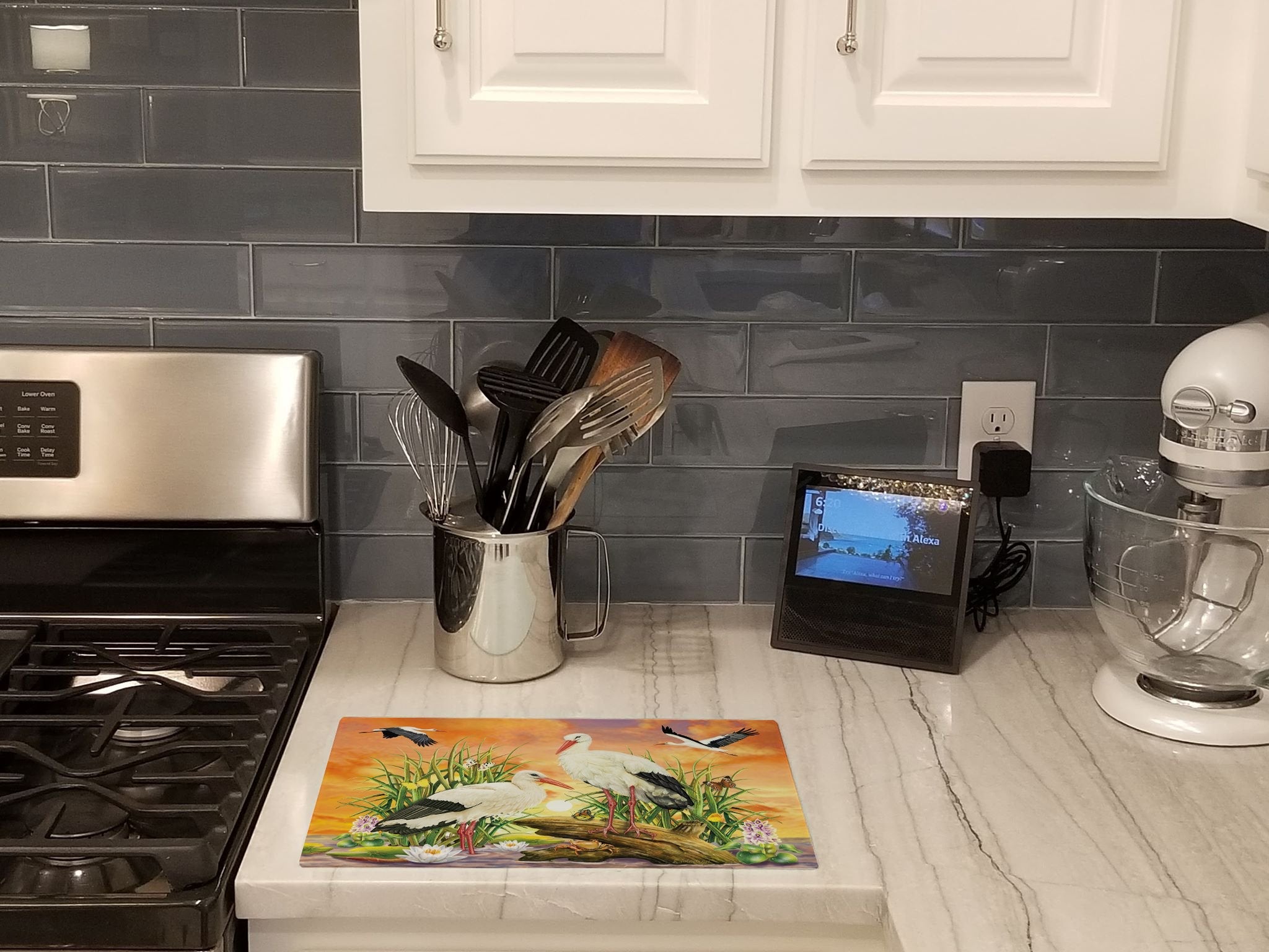 Storks Cutting Board Tempered Glass Kitchen Cutting Surface, Heat Resistant Chopping, Non-Slip Feet, Food Prep & Serving