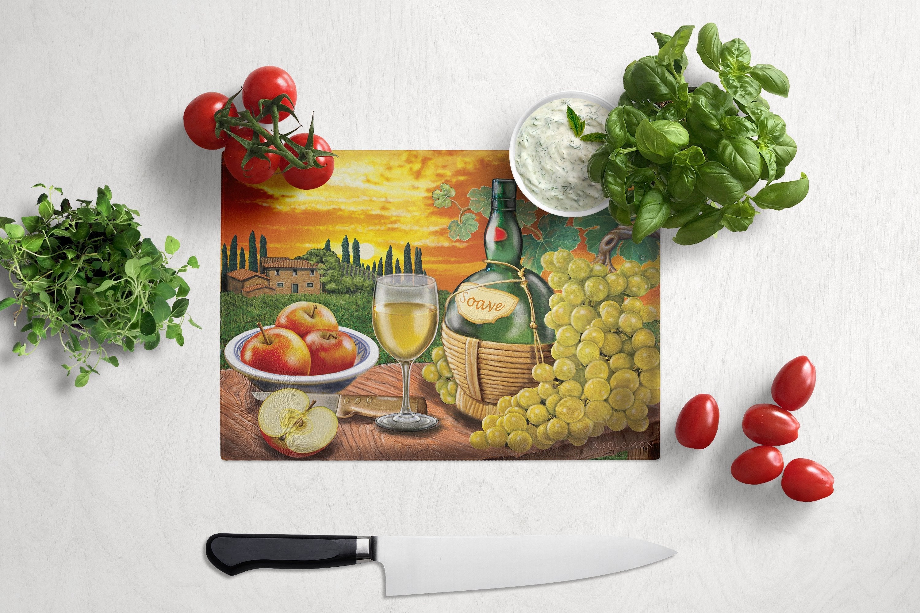 Soave, Apple, Wine and Cheese Cutting Board Tempered Glass Kitchen Cutting Surface, Heat Resistant Chopping, Non-Slip Feet, Food Prep & Serving