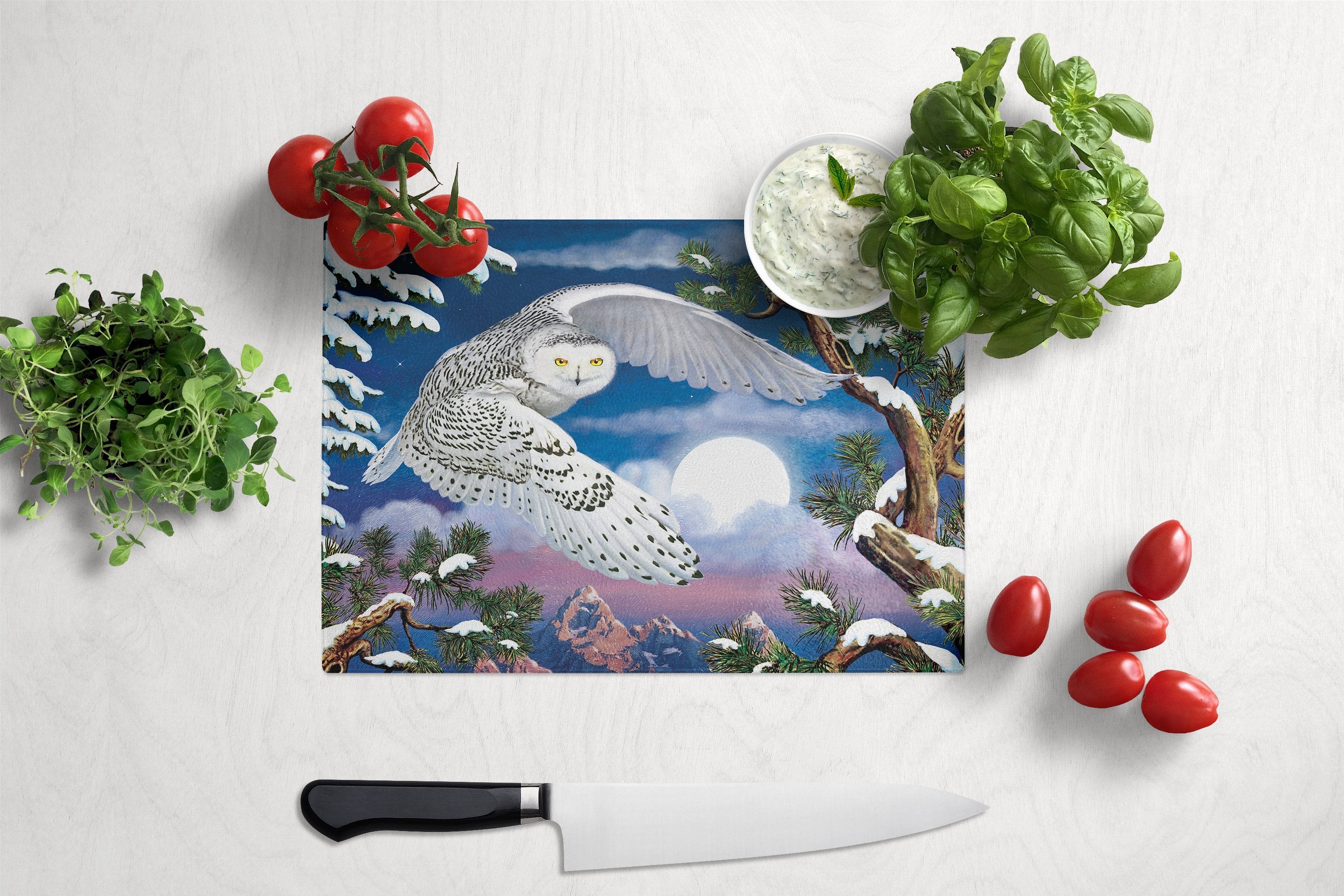 Snowy Owl Cutting Board Tempered Glass Kitchen Cutting Surface, Heat Resistant Chopping, Non-Slip Feet, Food Prep & Serving