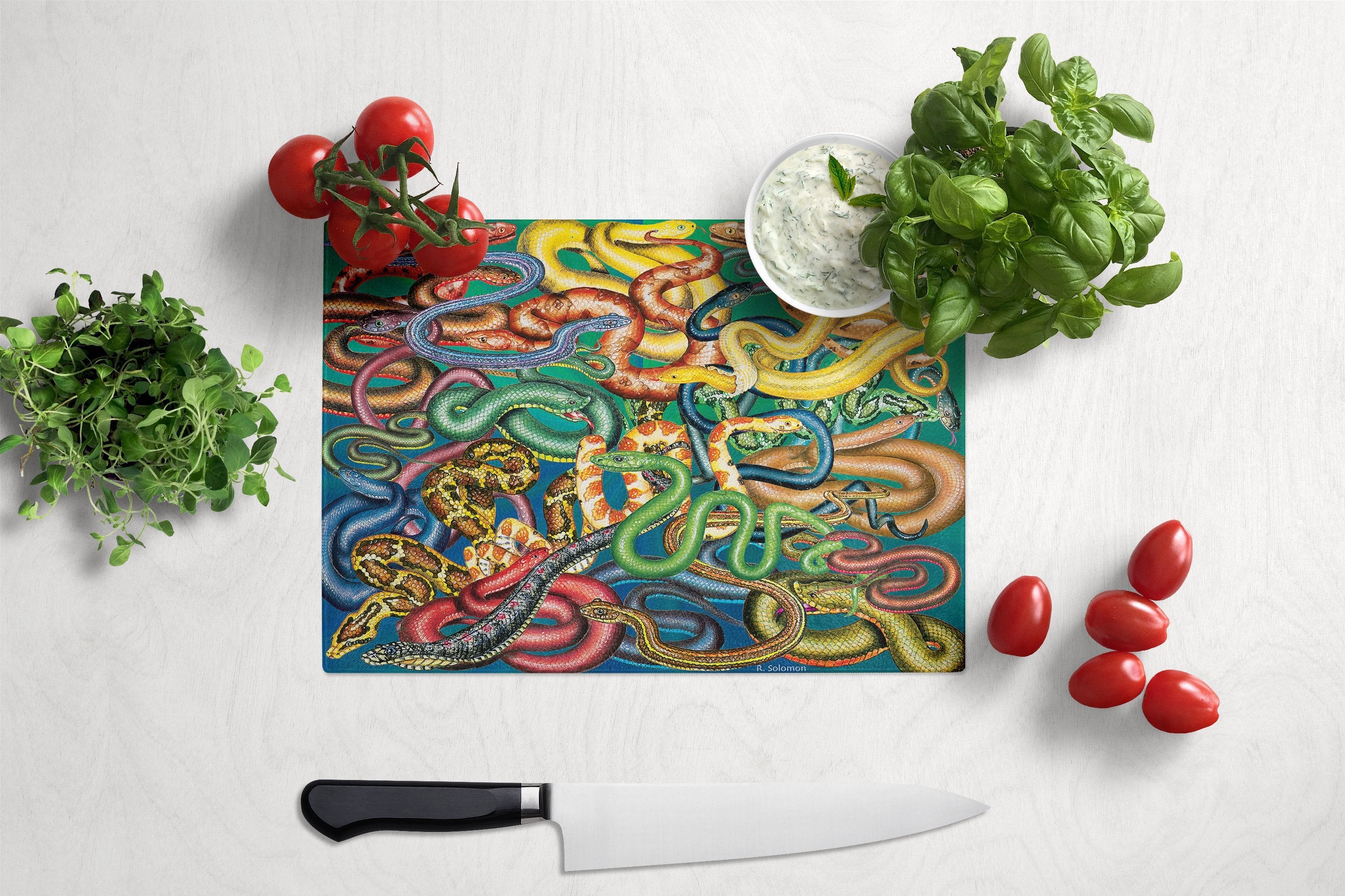 Snakes Cutting Board Tempered Glass Kitchen Cutting Surface, Heat Resistant Chopping, Non-Slip Feet, Food Prep & Serving