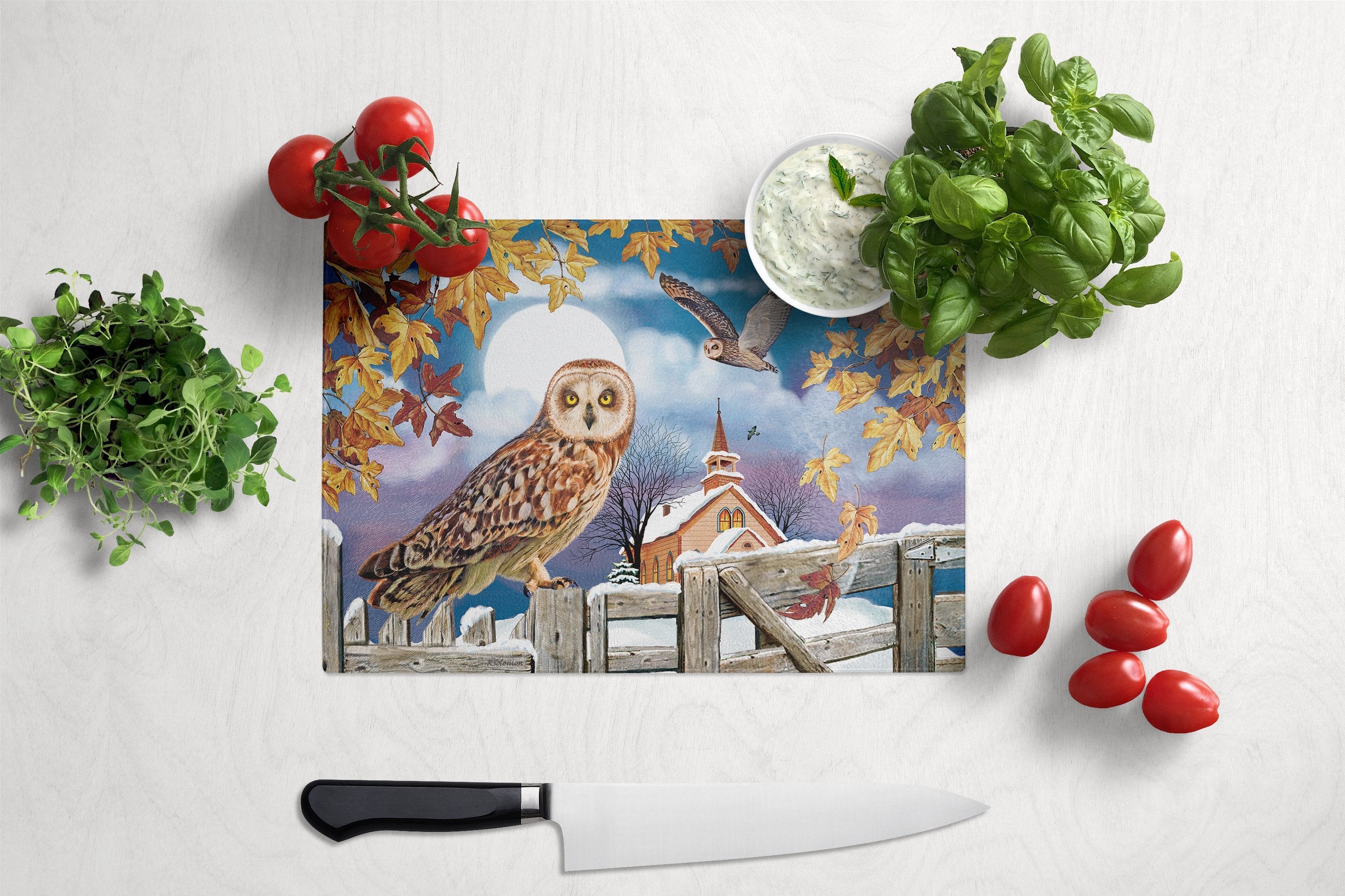 Short-Eared Owl In The Churchyard Cutting Board Tempered Glass Kitchen Cutting Surface, Heat Resistant Chopping, Non-Slip Feet, Food Prep & Serving