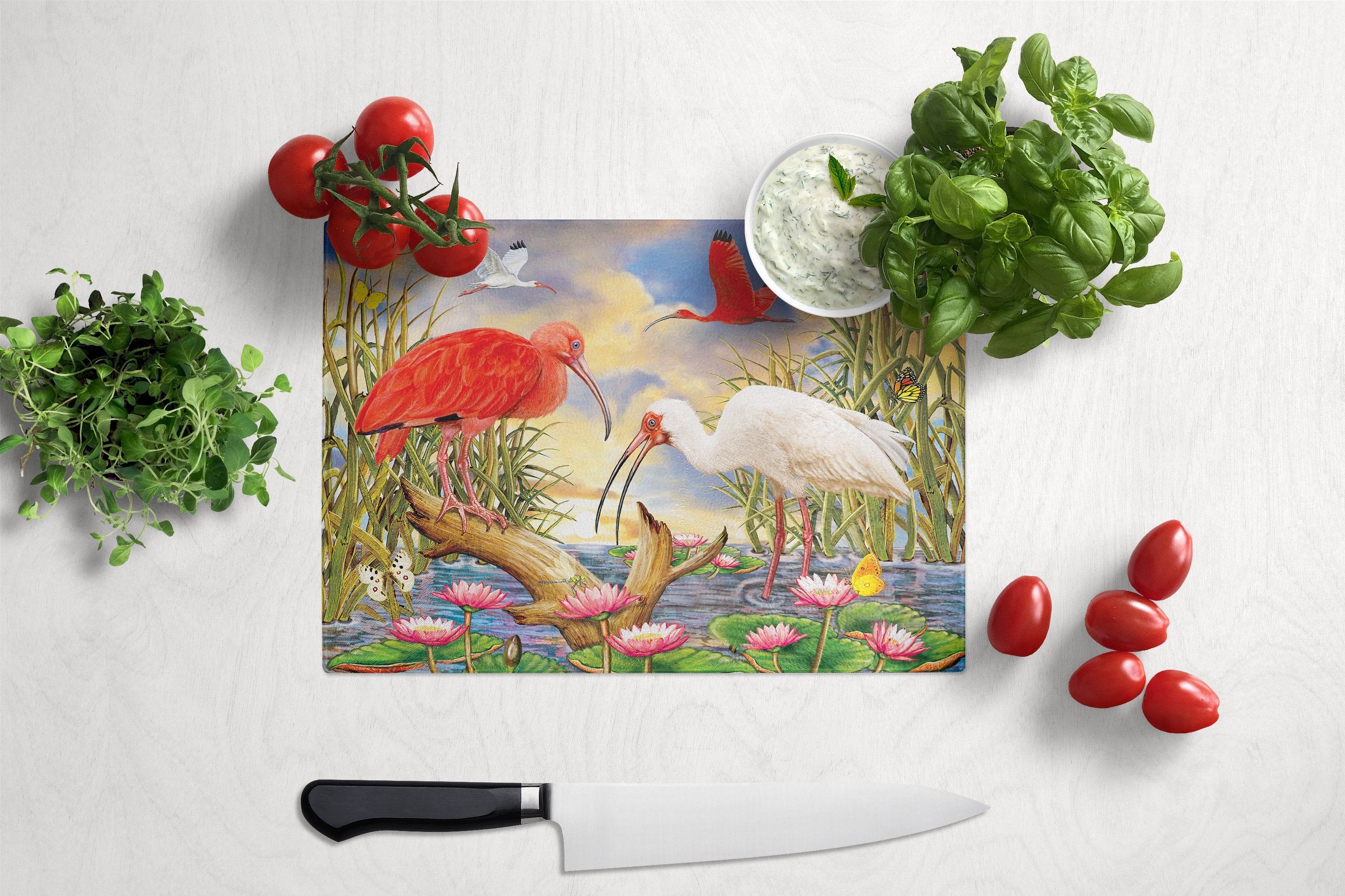 Scarlet And White Ibis Cutting Board Tempered Glass Kitchen Cutting Surface, Heat Resistant Chopping, Non-Slip Feet, Food Prep & Serving