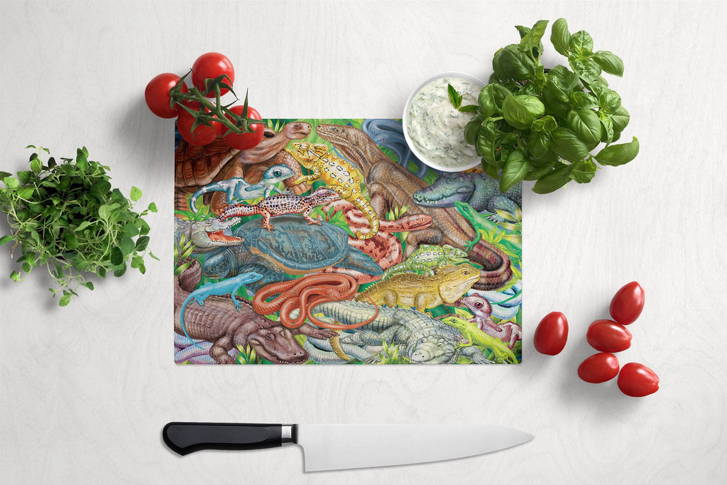 Scales and Tails, Snakes, Turtle, Reptiles Cutting Board Tempered Glass Kitchen Cutting Surface, Heat Resistant Chopping, Non-Slip Feet, Food Prep & Serving