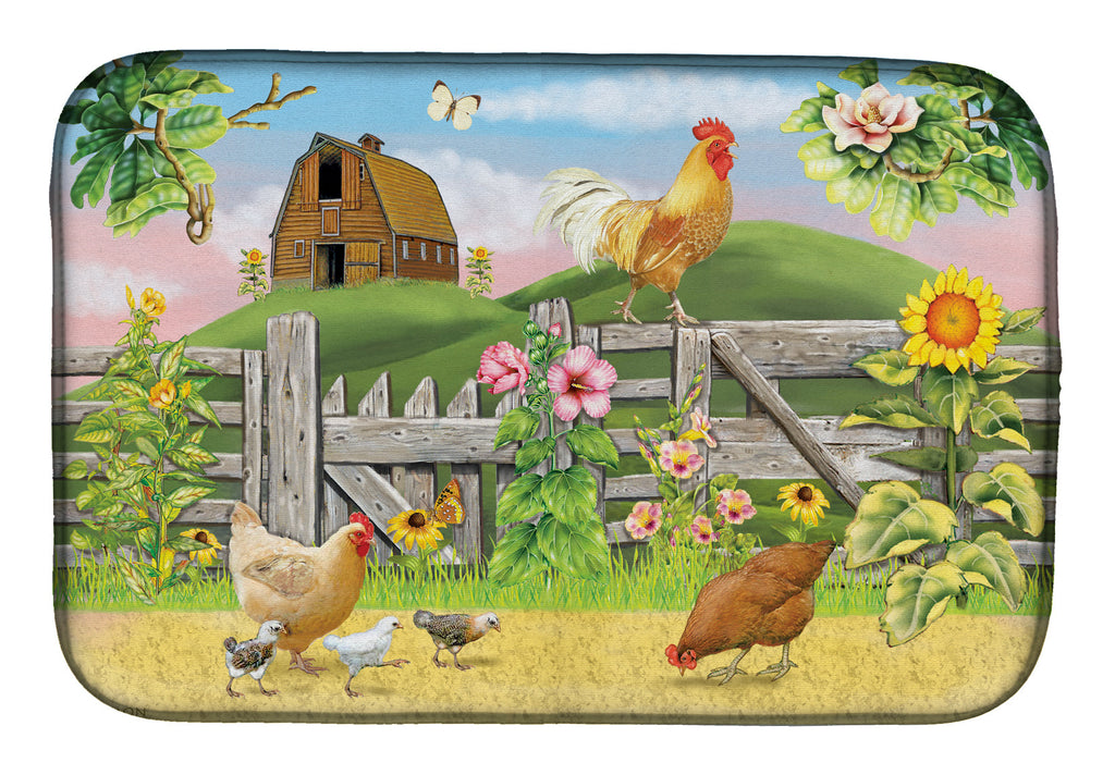Rooster On Fence Dish Drying Mat Absorbent Dish Drying Mat Pad for Kitchen Counter Dish Drainer Mat for Countertop, 14 x 21", Multicolor