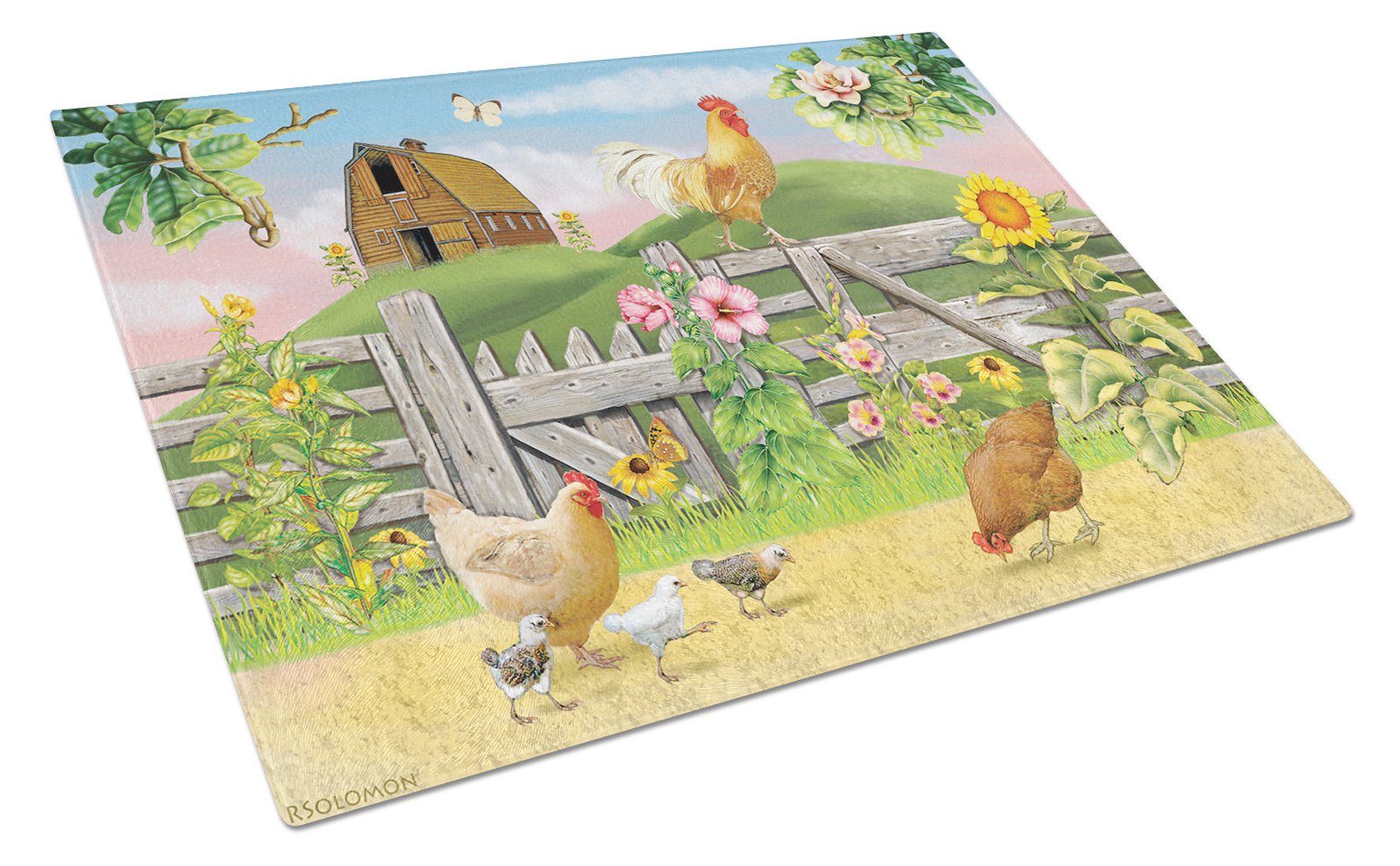 Rooster On Fence Cutting Board Tempered Glass Kitchen Cutting Surface, Heat Resistant Chopping, Non-Slip Feet, Food Prep & Serving