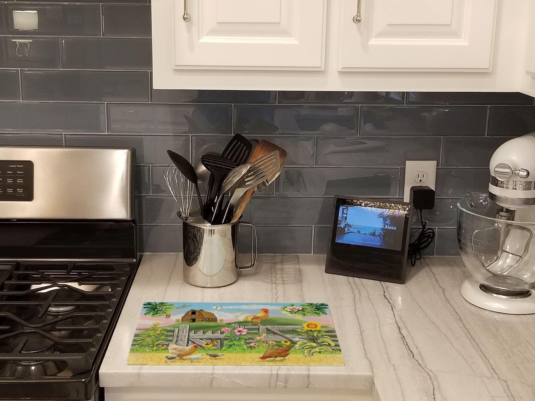 Rooster On Fence Cutting Board Tempered Glass Kitchen Cutting Surface, Heat Resistant Chopping, Non-Slip Feet, Food Prep & Serving
