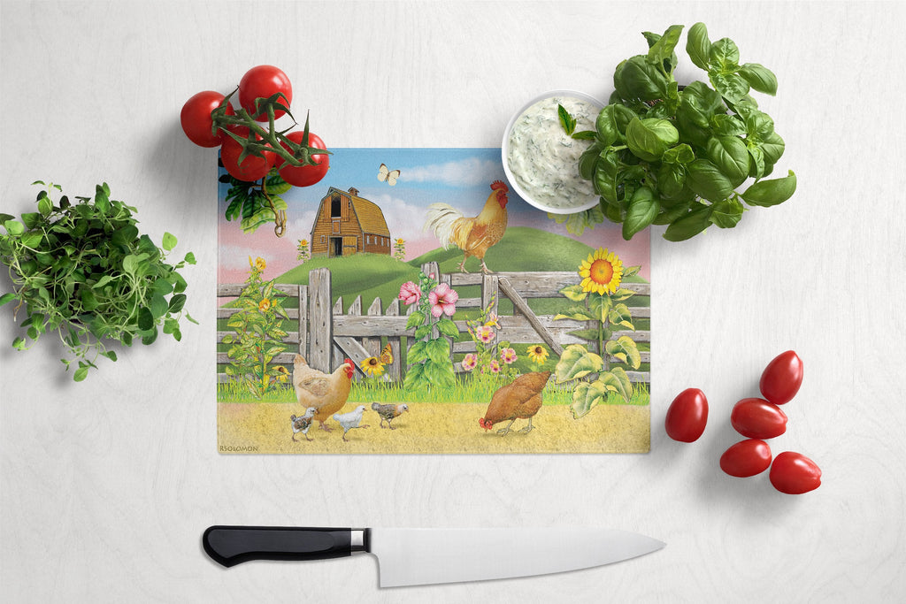 Rooster On Fence Cutting Board Tempered Glass Kitchen Cutting Surface, Heat Resistant Chopping, Non-Slip Feet, Food Prep & Serving