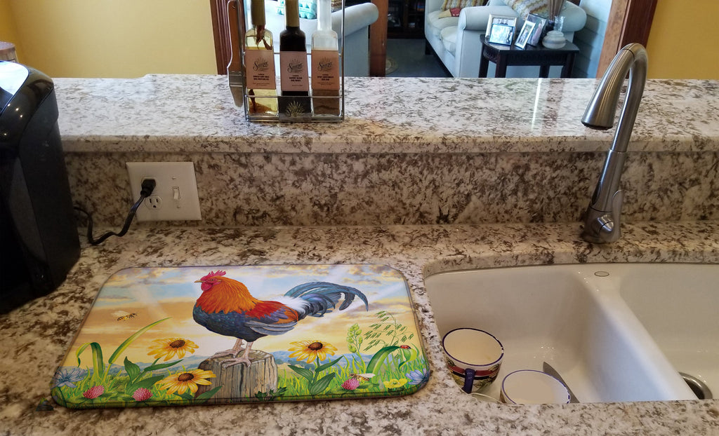 Rooster At Dawn Dish Drying Mat Absorbent Dish Drying Mat Pad for Kitchen Counter Dish Drainer Mat for Countertop, 14 x 21", Multicolor