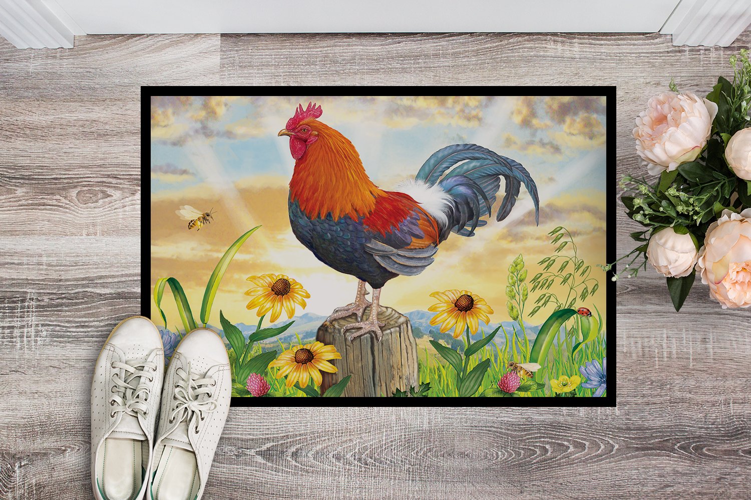 Rooster At Dawn Doormat Indoor Outdoor 24H X 36W Front Door Mat Rugs for Entryway, Non Slip Washable Low Pile,