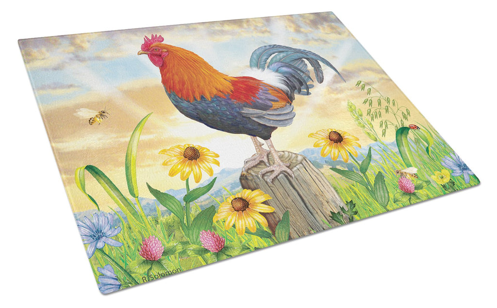 Rooster At Dawn Cutting Board Tempered Glass Kitchen Cutting Surface, Heat Resistant Chopping, Non-Slip Feet, Food Prep & Serving