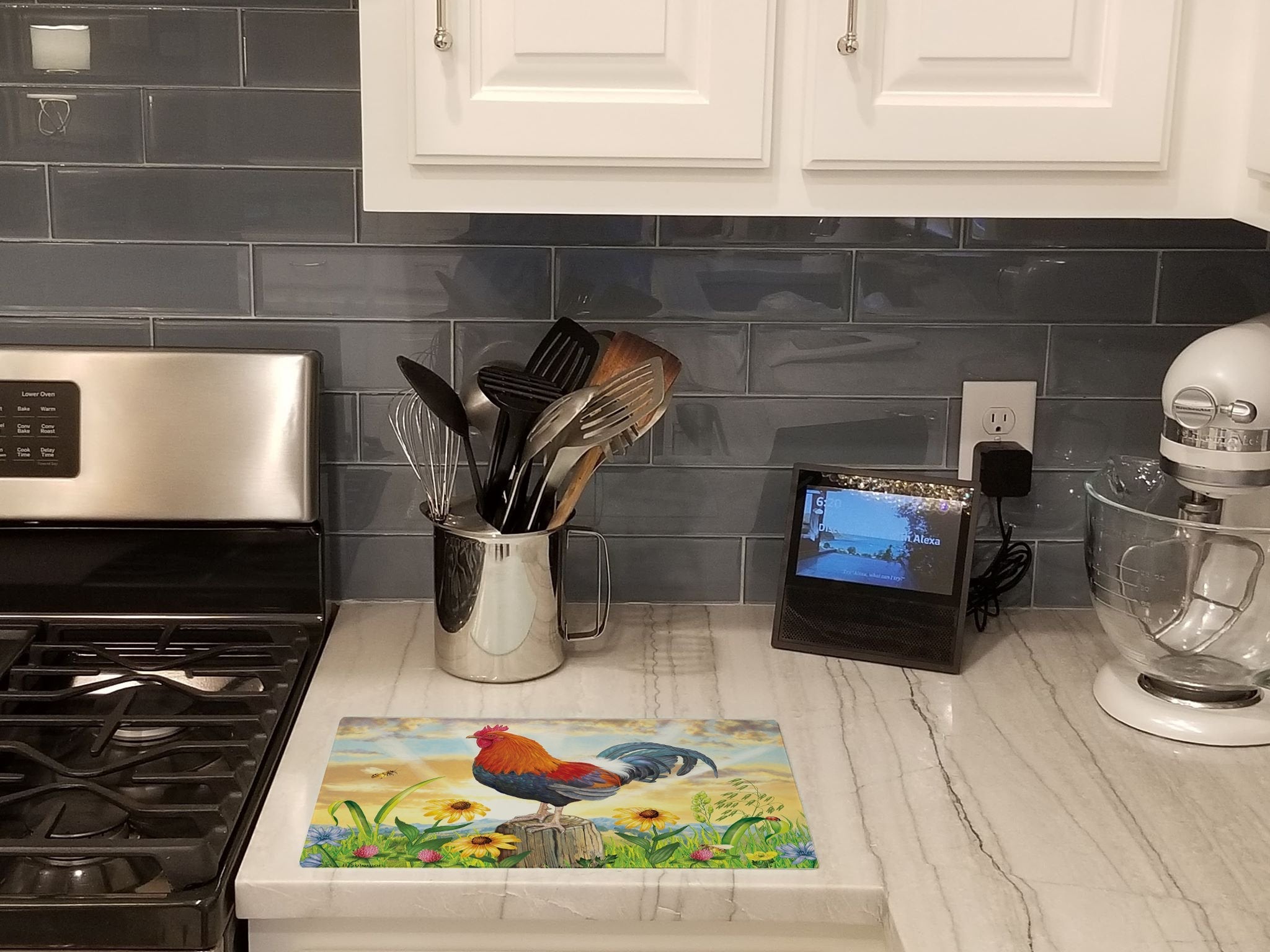 Rooster At Dawn Cutting Board Tempered Glass Kitchen Cutting Surface, Heat Resistant Chopping, Non-Slip Feet, Food Prep & Serving