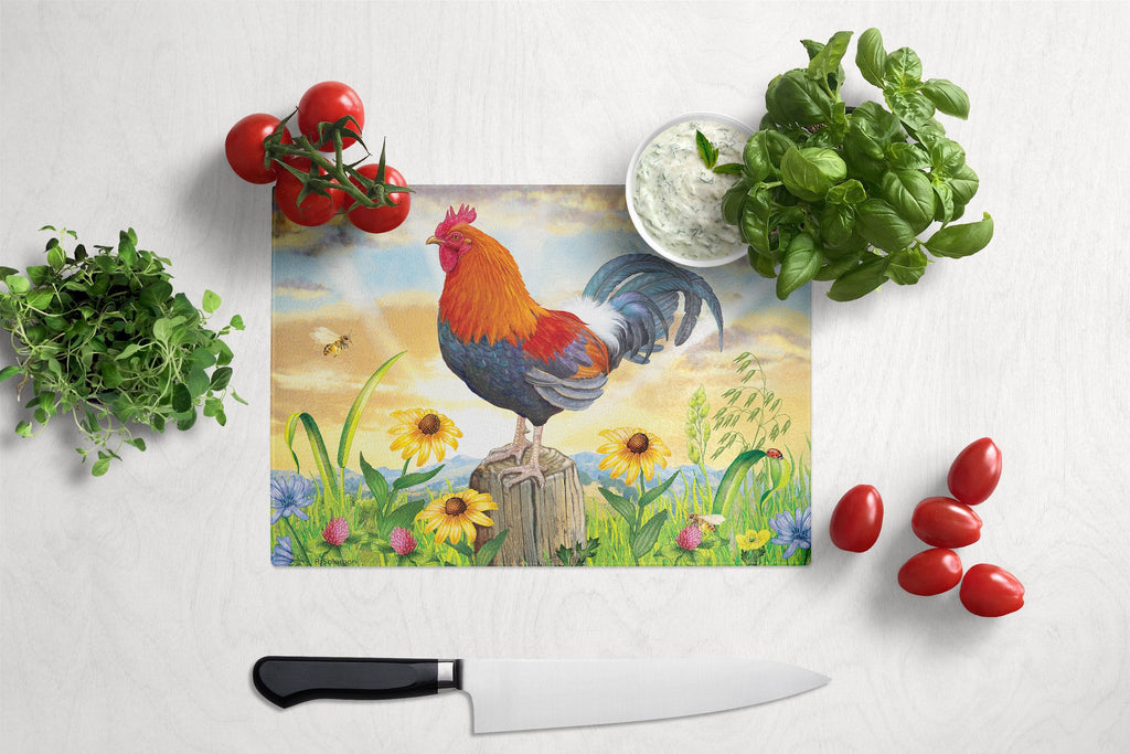 Rooster At Dawn Cutting Board Tempered Glass Kitchen Cutting Surface, Heat Resistant Chopping, Non-Slip Feet, Food Prep & Serving